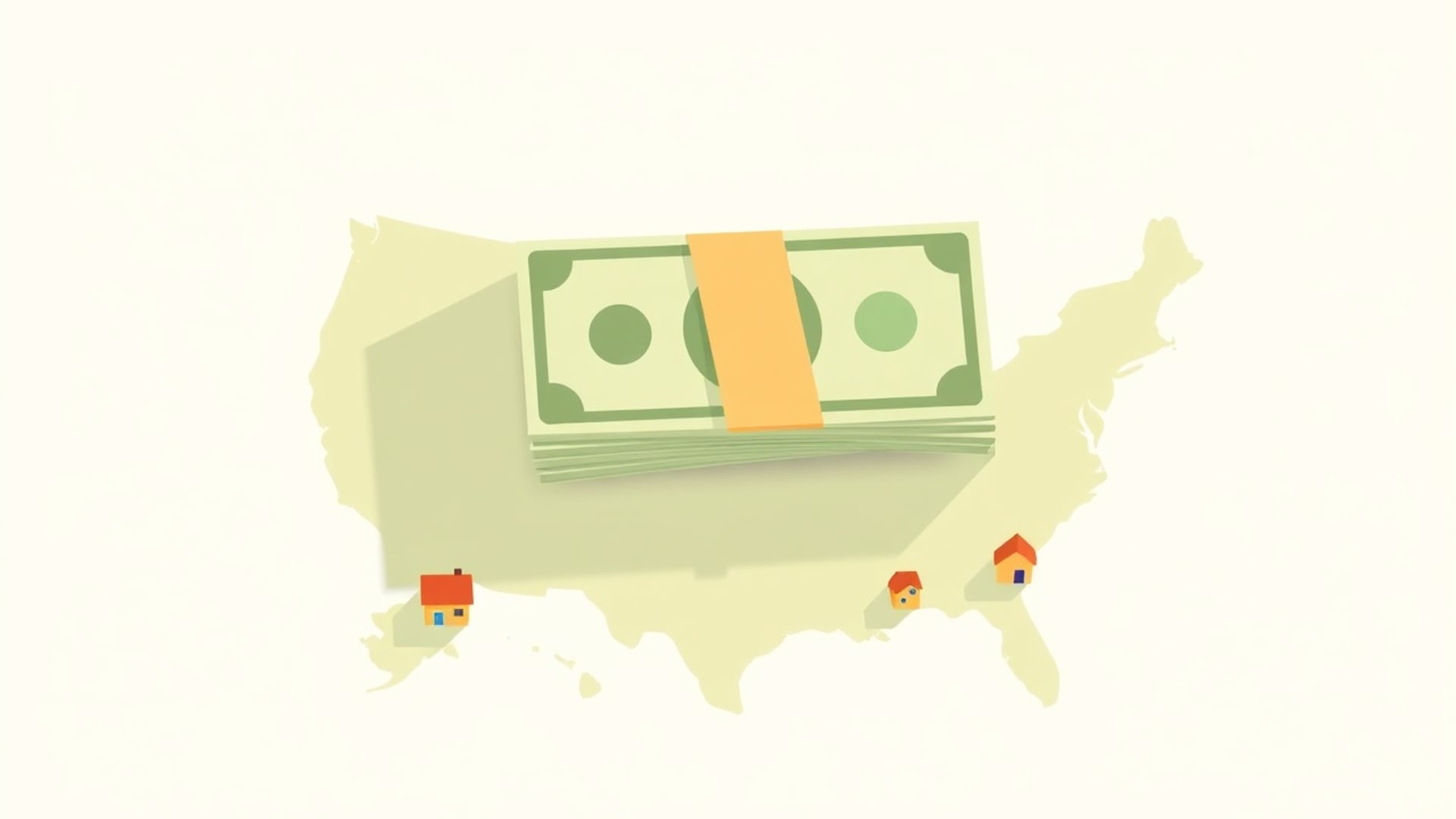 Illustration of a bundle of banknotes over a map of the United States dotted with small houses