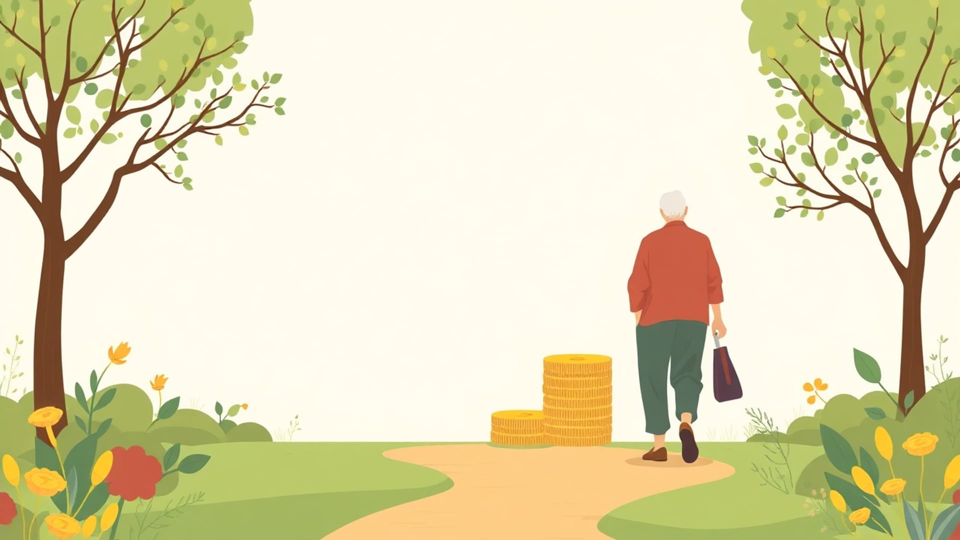 Illustration of an older person walking along a garden path between trees, a stack of coins beside the path