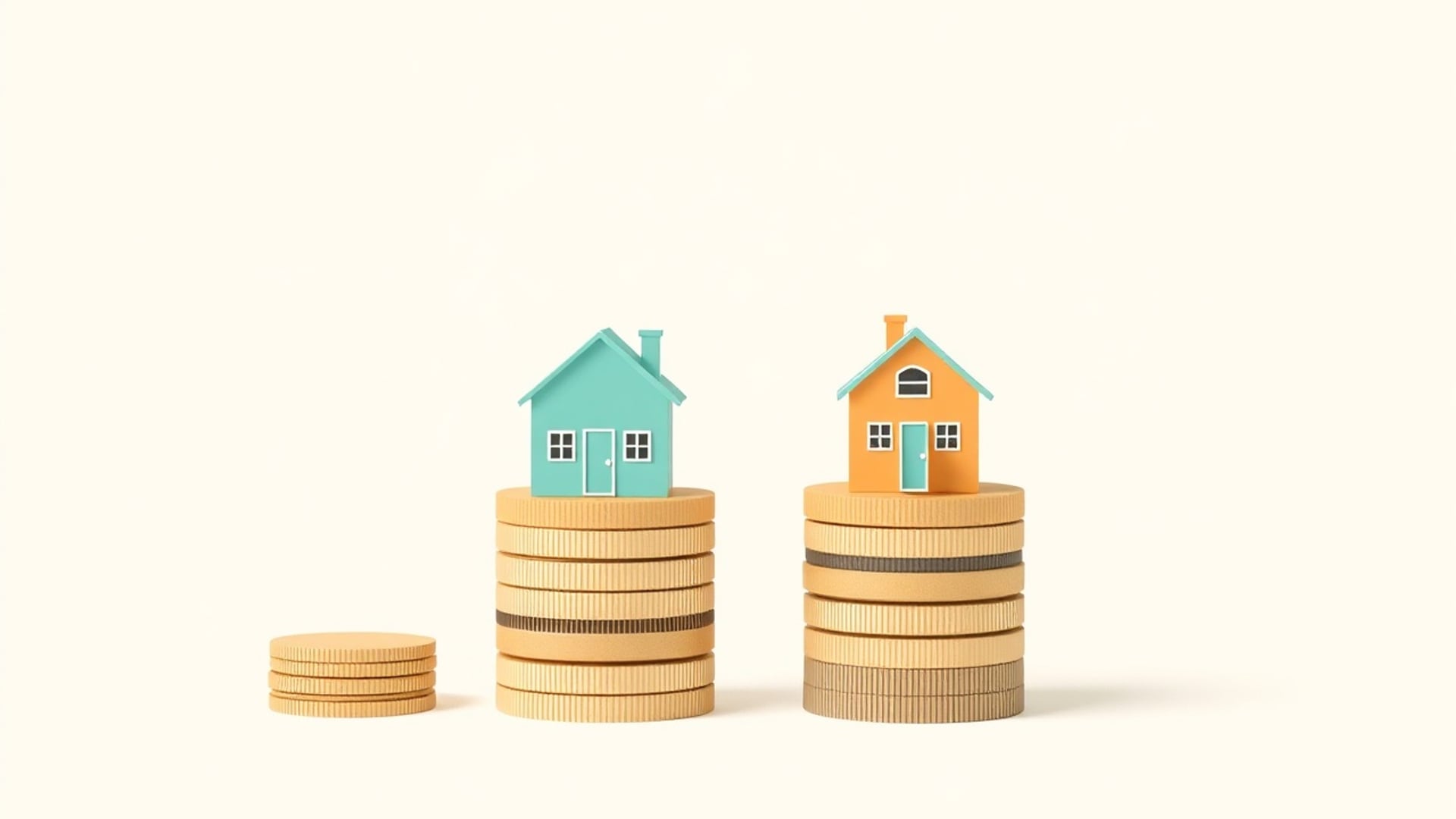 Illustration of four houses of increasing size standing on a row of stacked coins of increasing height