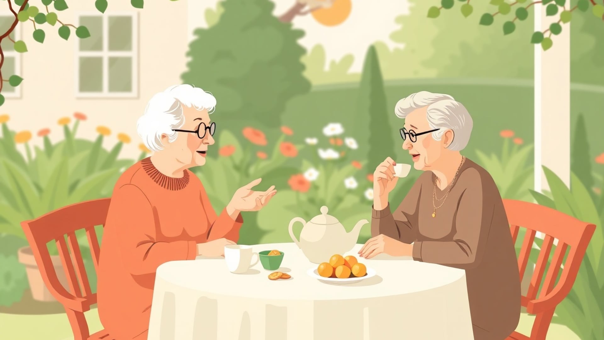Illustration of two older friends sharing tea at a round table in a sunny garden, a bowl of fruit and a teapot on the table