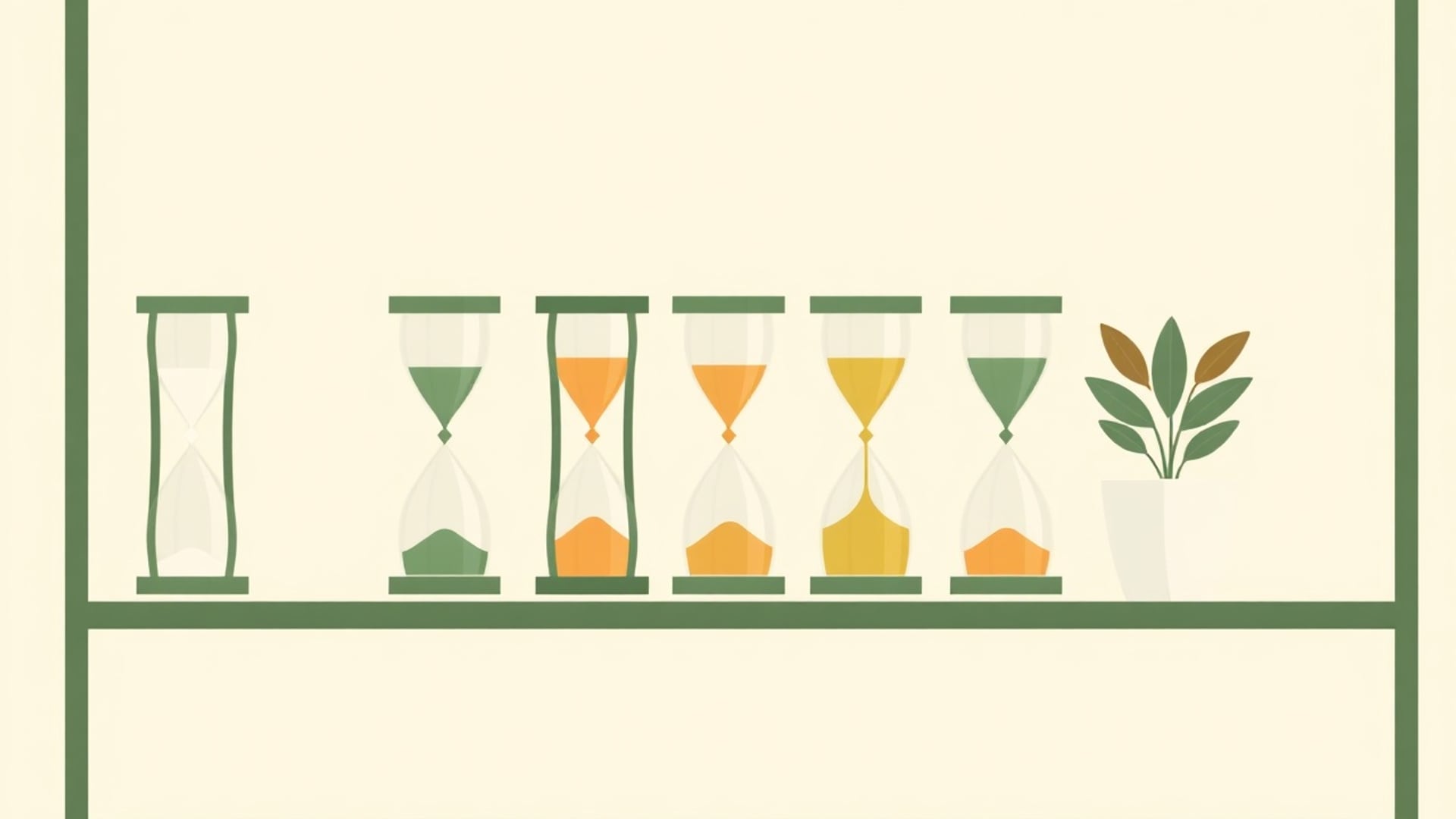 Illustration of a row of hourglasses of different heights on a calm shelf beside a small potted plant