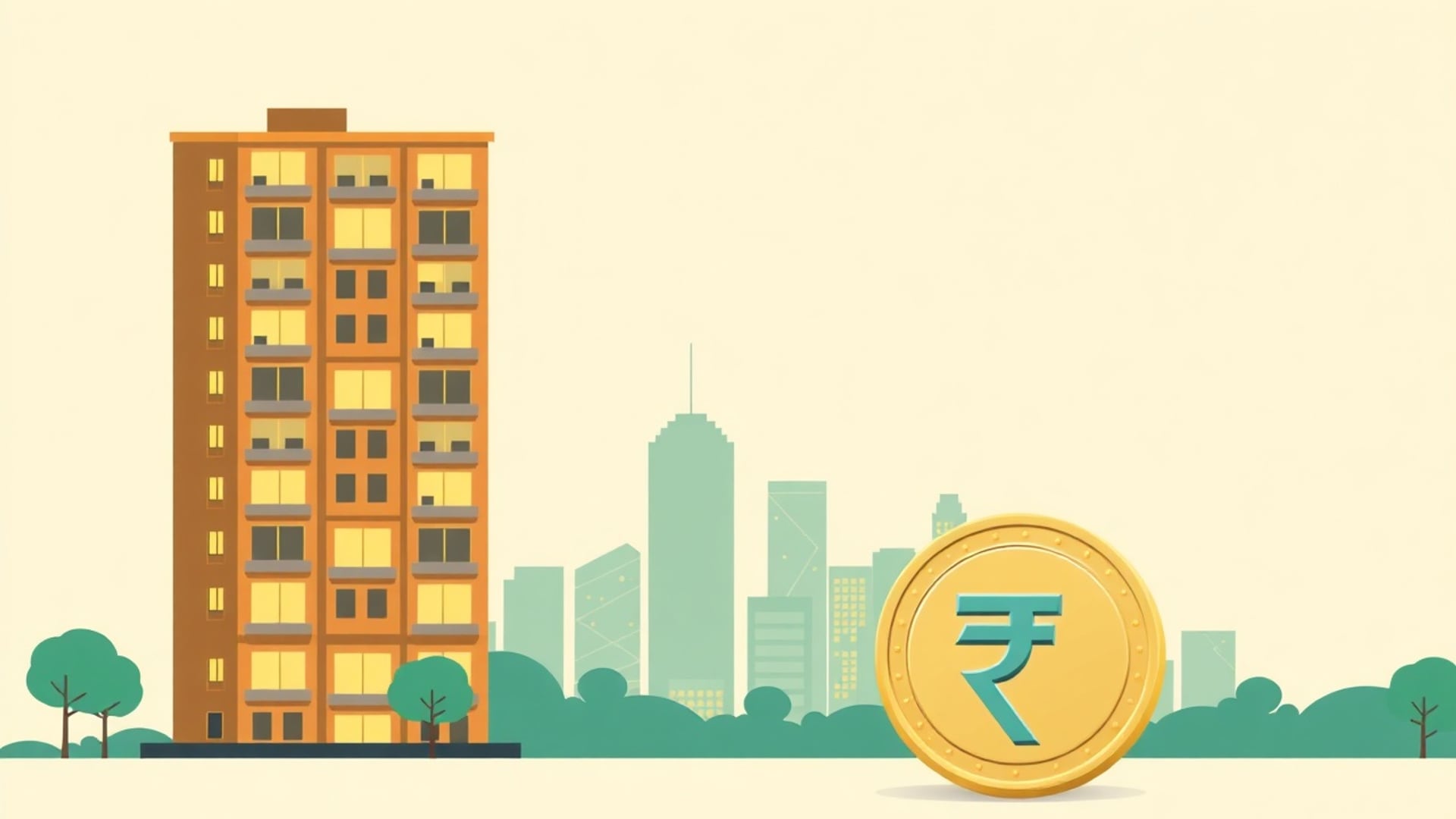 Illustration of a lit apartment block beside a city skyline and a large rupee coin