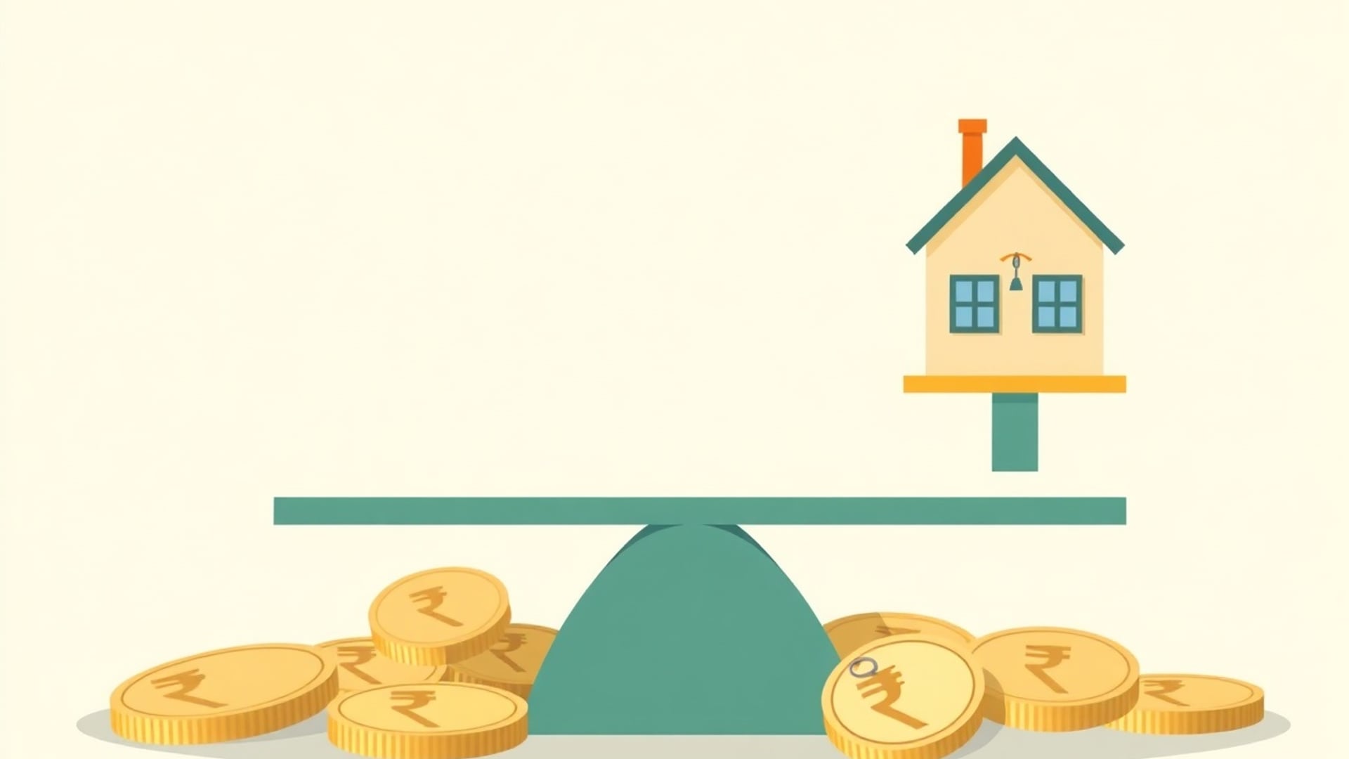 Illustration of a balance beam with a house on one end above a scattering of rupee coins