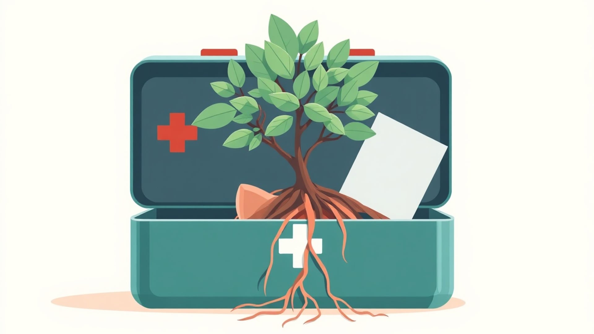 Illustration of a small tree growing out of an open first aid box, its roots spilling over the side