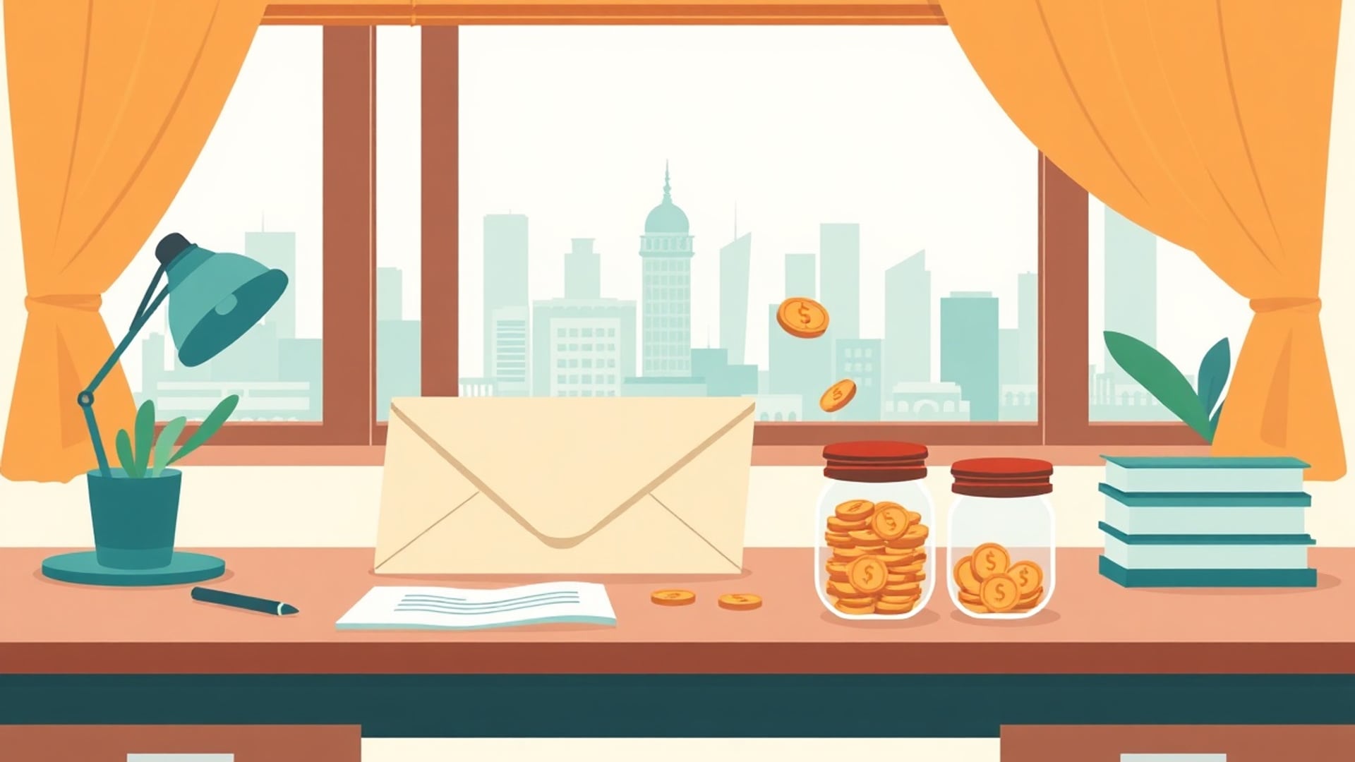 Illustration of a salary envelope on an office desk with a few coins sliding away into small labelled-free jars