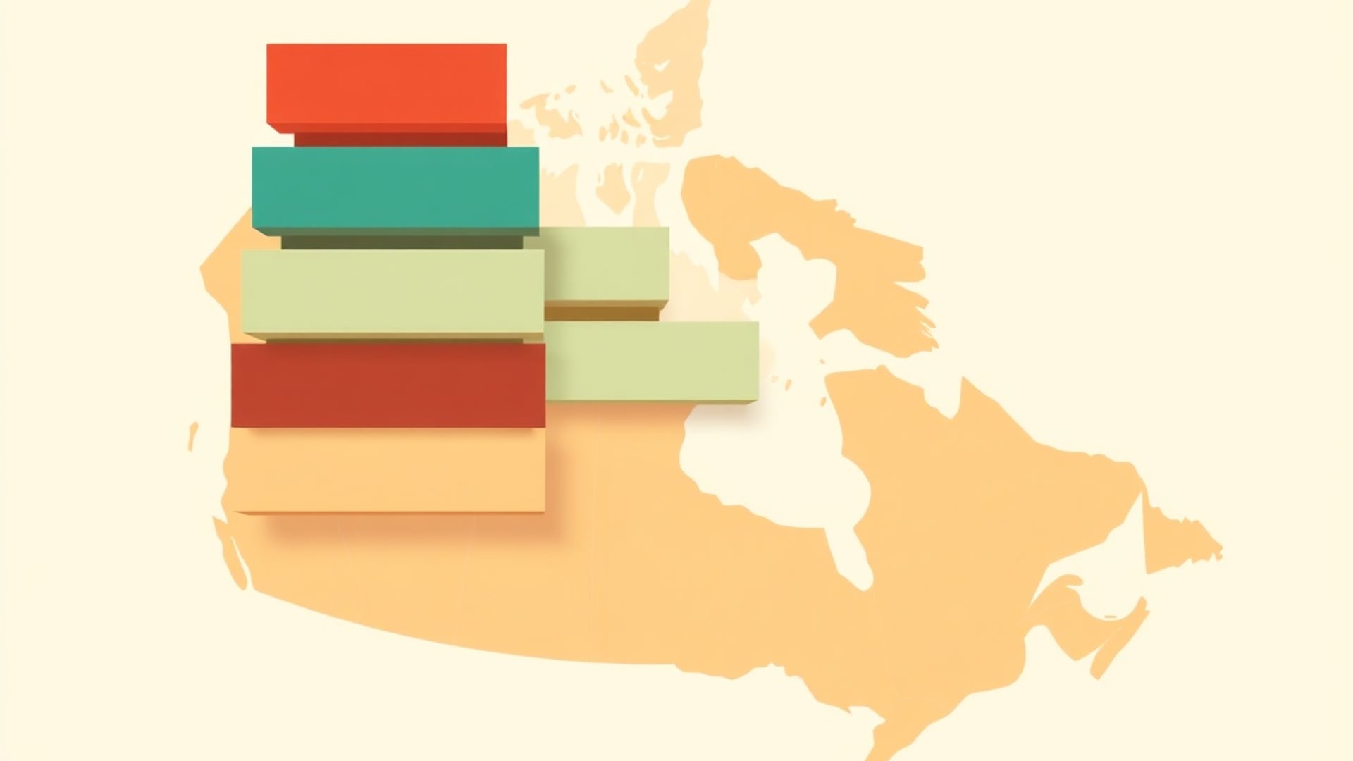 Illustration of a staircase of stacked coloured blocks rising over a stylised outline map of Canada
