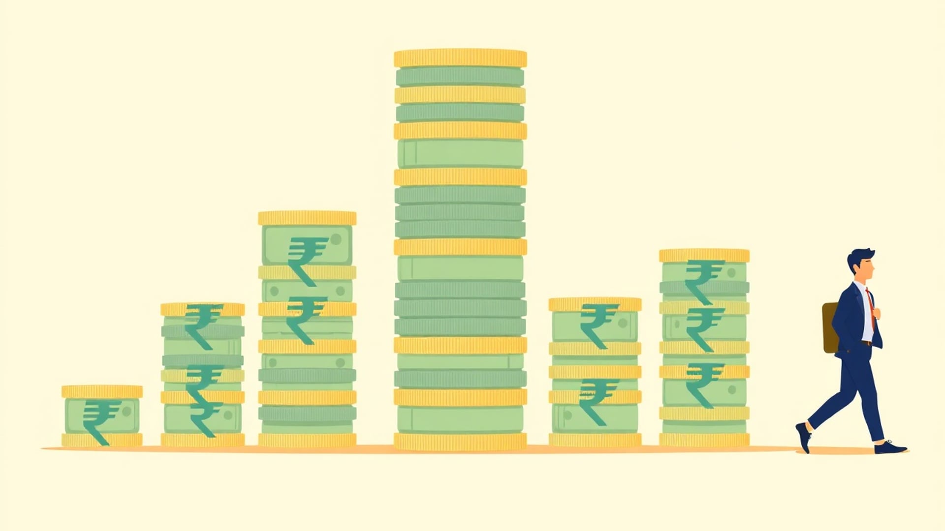 Illustration of stacks of rupee notes and coins of rising heights with an office worker walking past