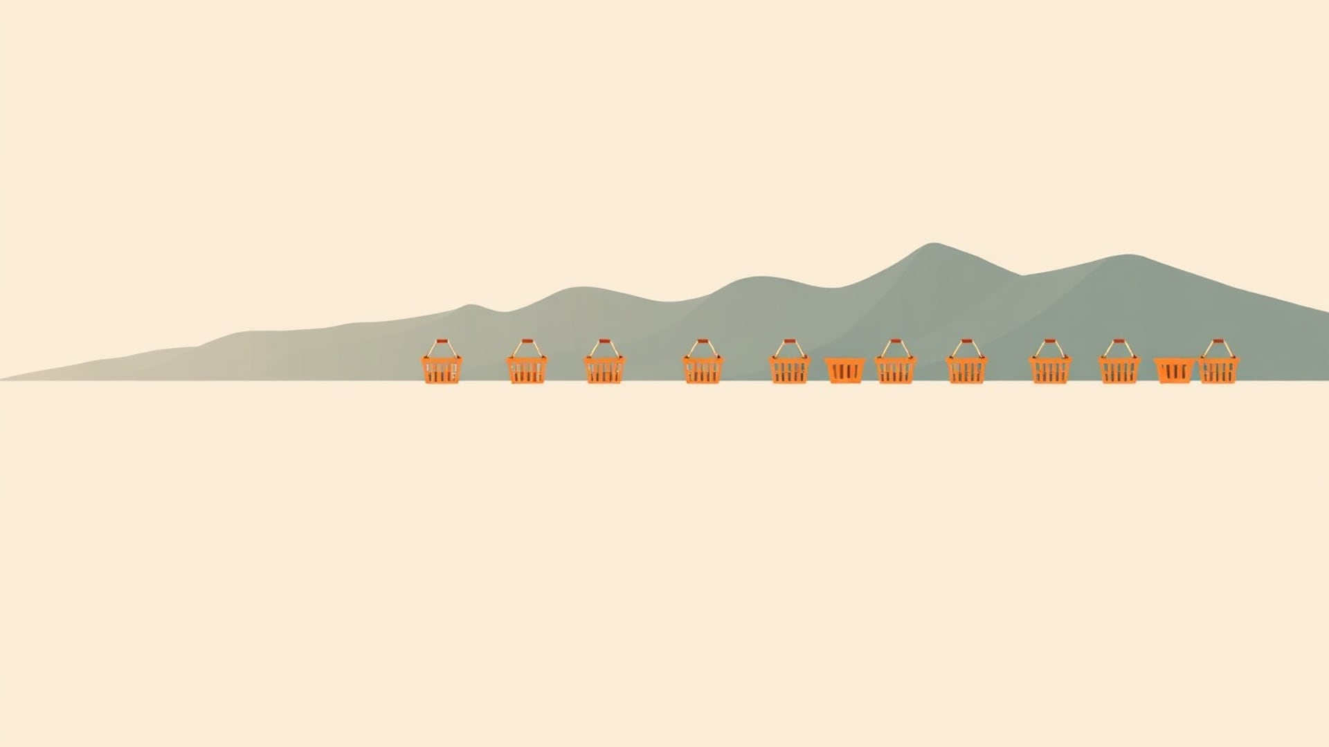 Illustration of a long row of grocery baskets rising and falling like a gentle mountain range across a calm horizon