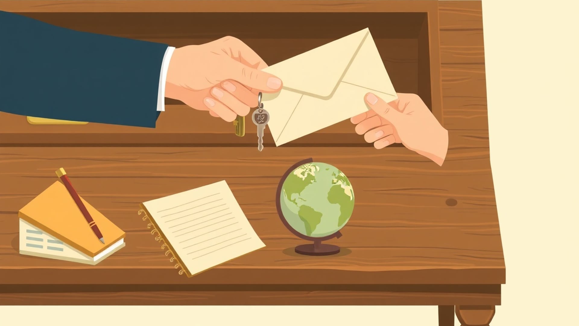 Illustration of house keys and a sealed envelope passing from an older hand to a younger hand over a writing desk