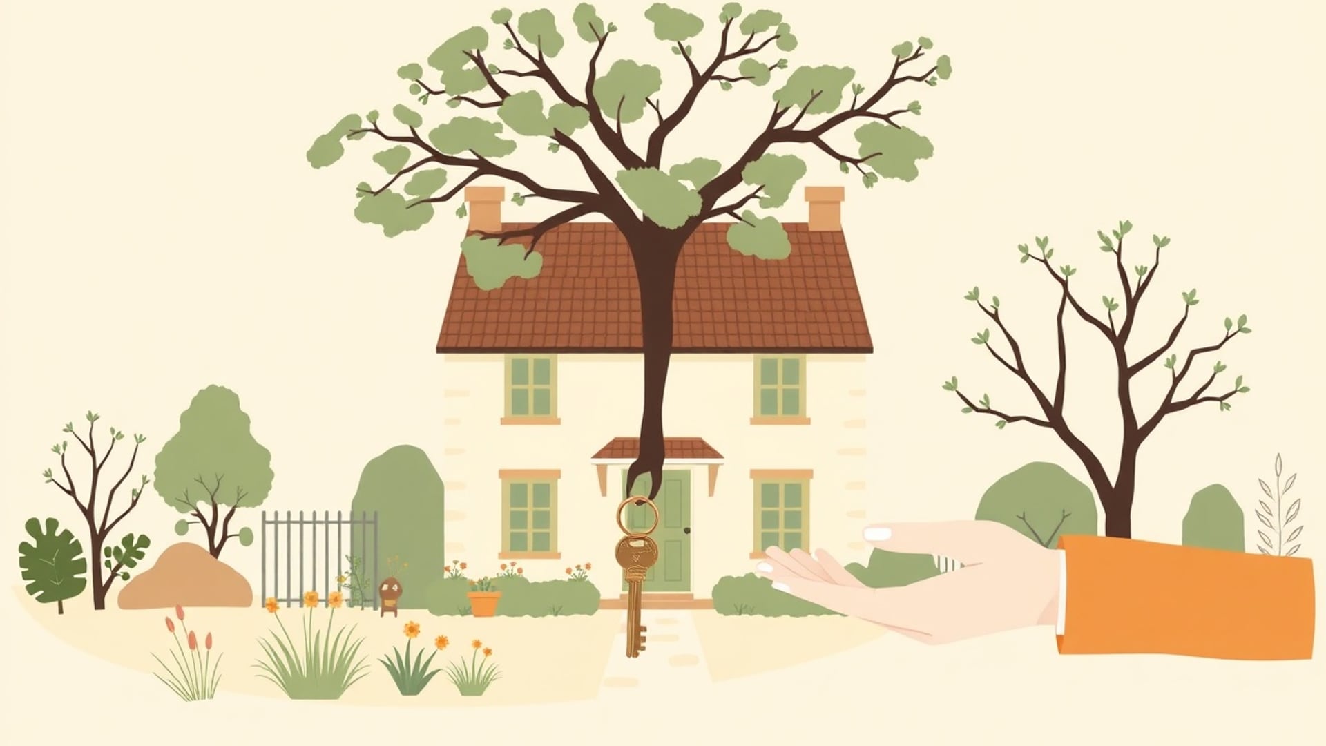 Illustration of an old family house with a garden, a set of keys passing between two hands across generations