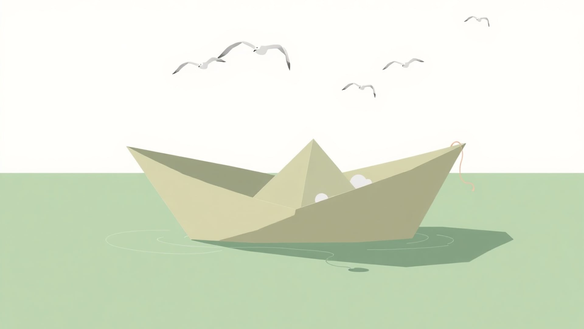 Illustration of a payslip folded like a paper boat on a green Irish harbour, three small weights resting on it