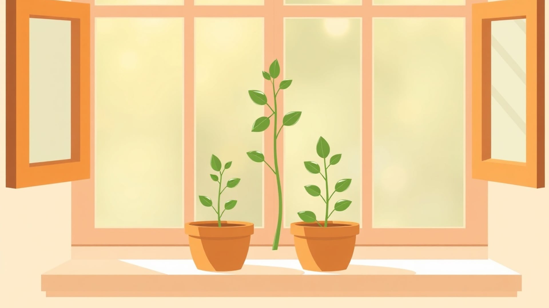 Illustration of a young sapling growing into a pair of identical leafy plants in clay pots on a sunny windowsill