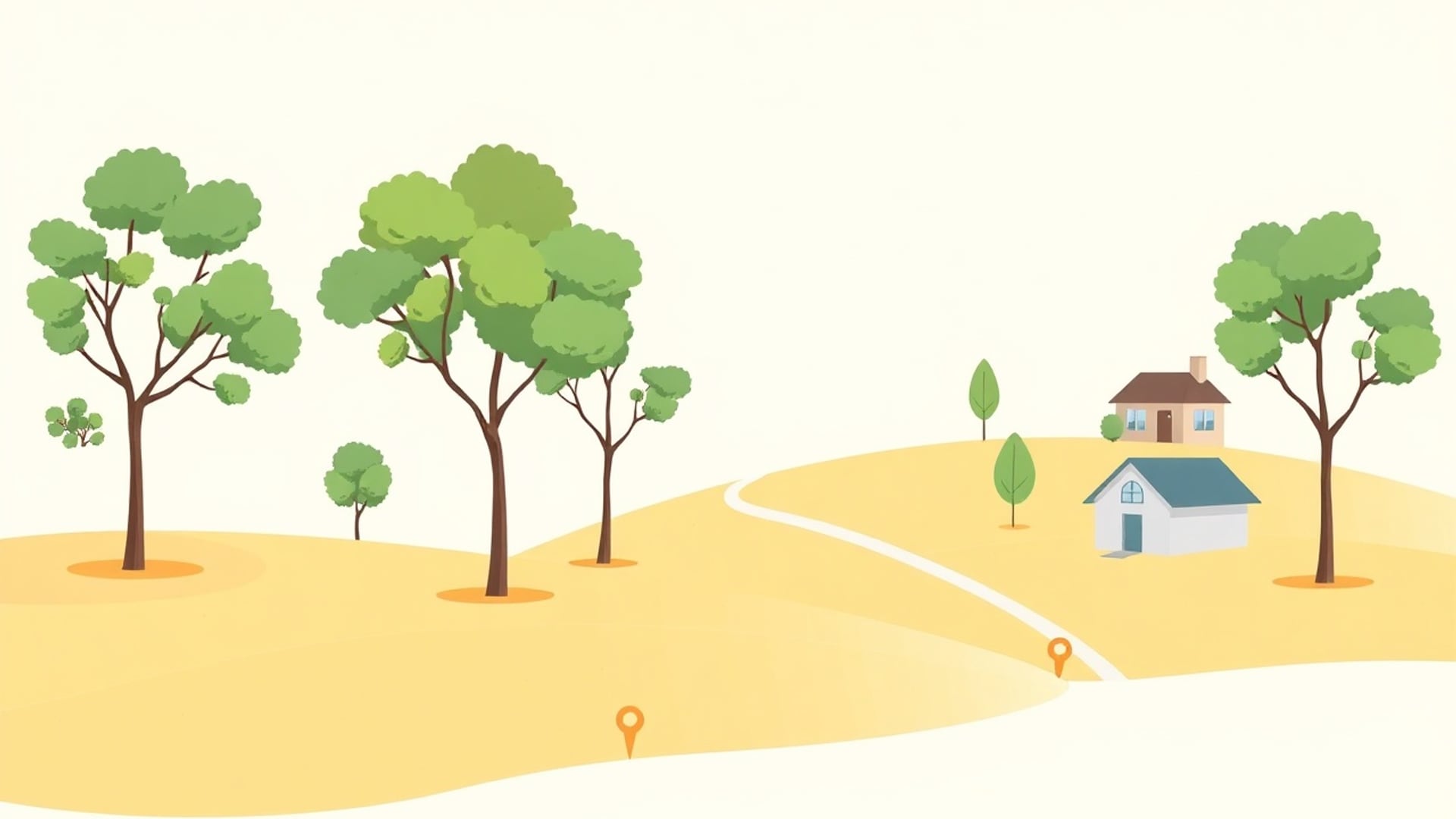 Illustration of rolling land with young trees and two small houses along a winding path