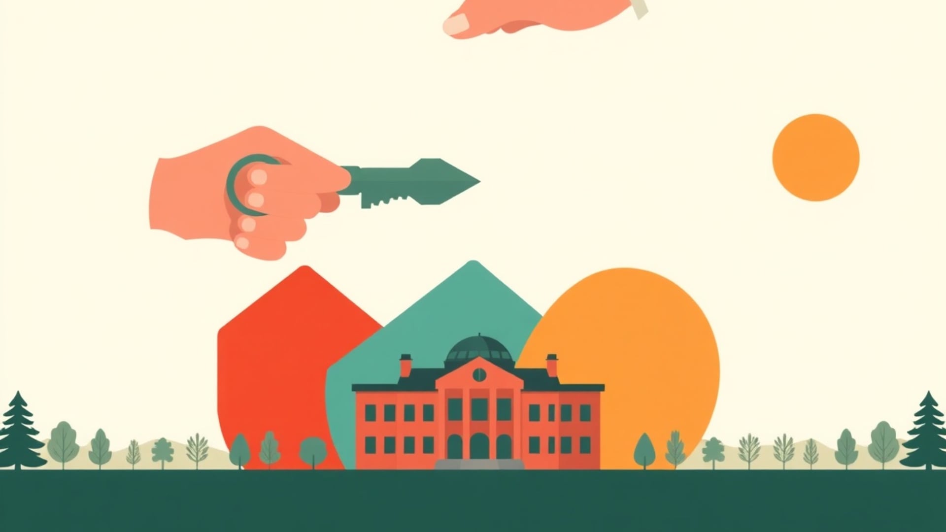 Illustration of a hand holding out a key above a red brick public building