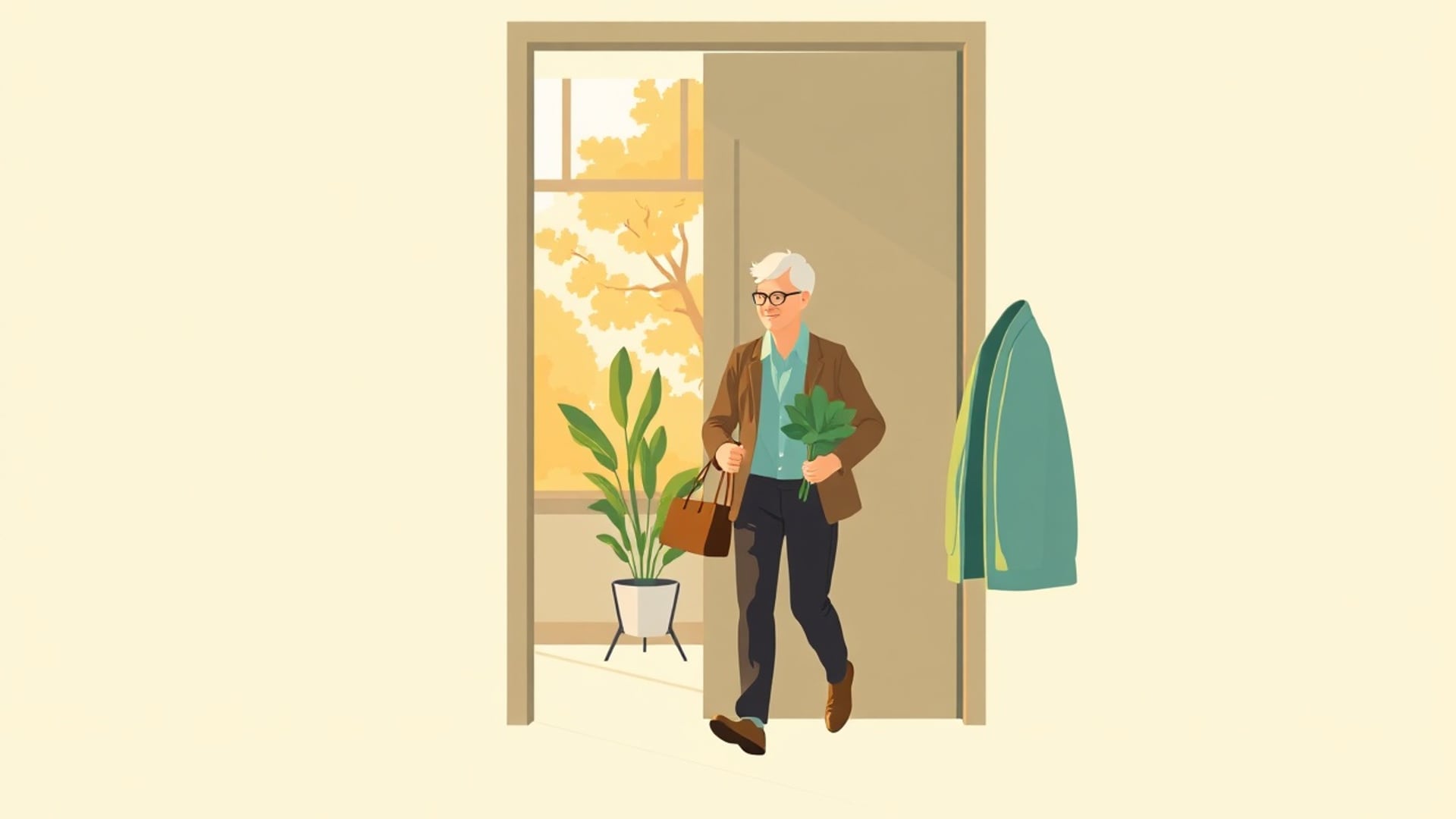 Illustration of a retiring office worker walking out through a sunlit doorway carrying a potted plant