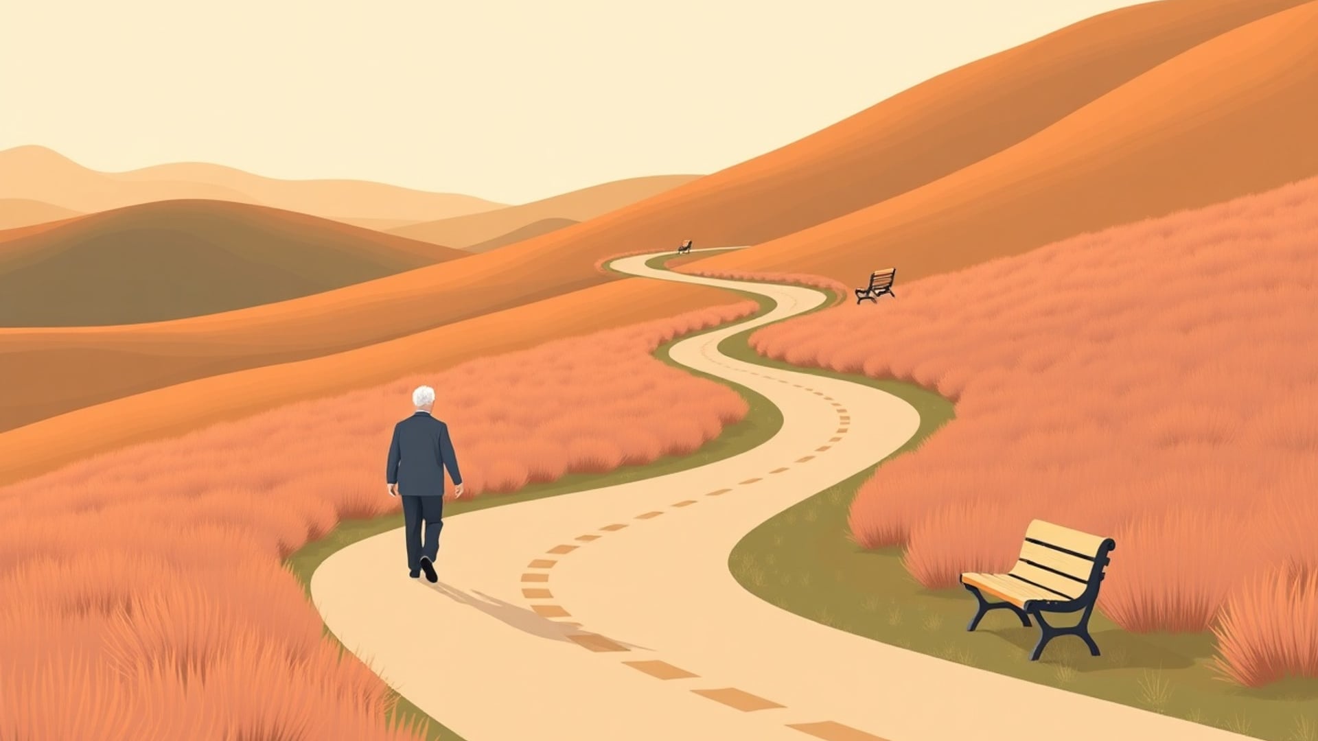Illustration of a long winding path through rolling hills at golden hour, an older couple walking hand in hand far along it