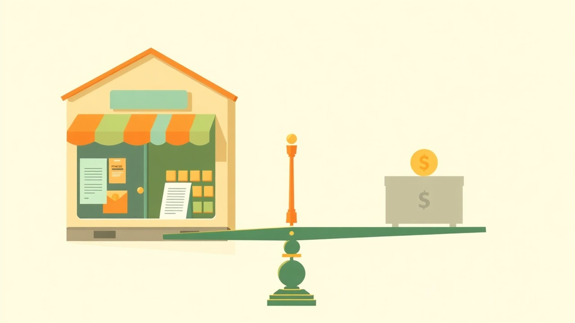 Illustration of a small storefront on one end of a balance beam and a cash box on the other