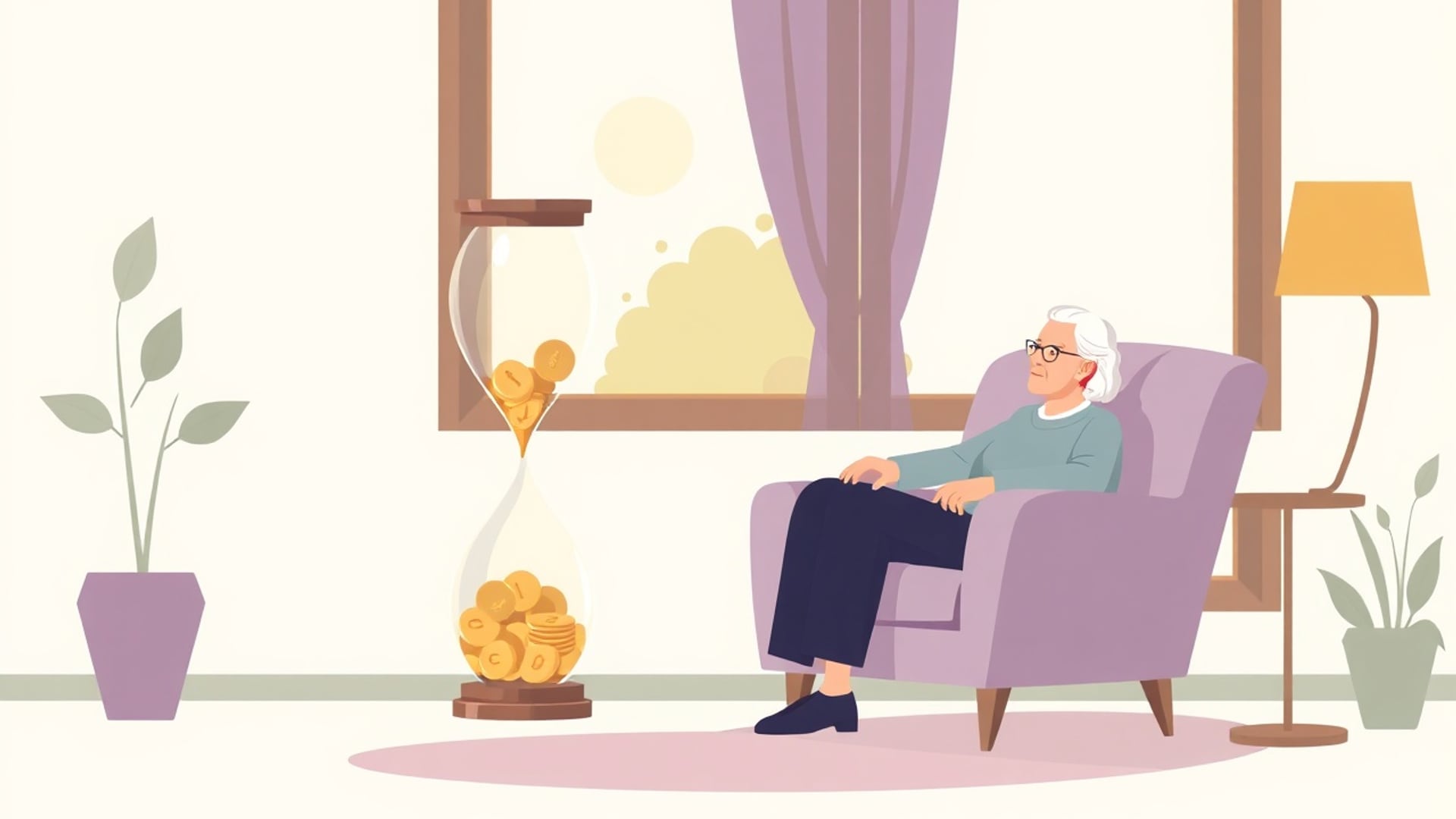 Illustration of an older person in a sunlit armchair beside an hourglass whose sand is made of small coins