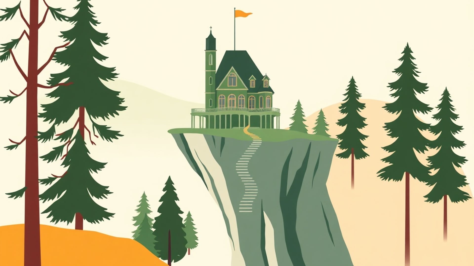 Illustration of a grand house standing at the edge of a small cliff with a gentle staircase of coins leading down