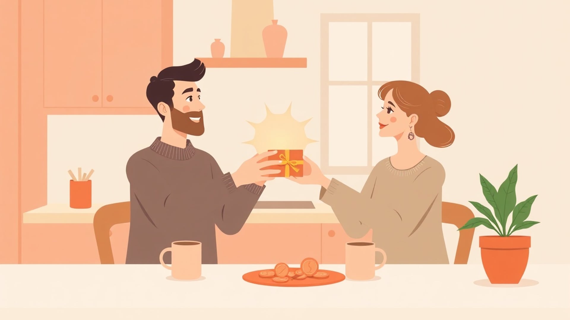 Illustration of a married couple at a kitchen table passing a small glowing parcel from one to the other