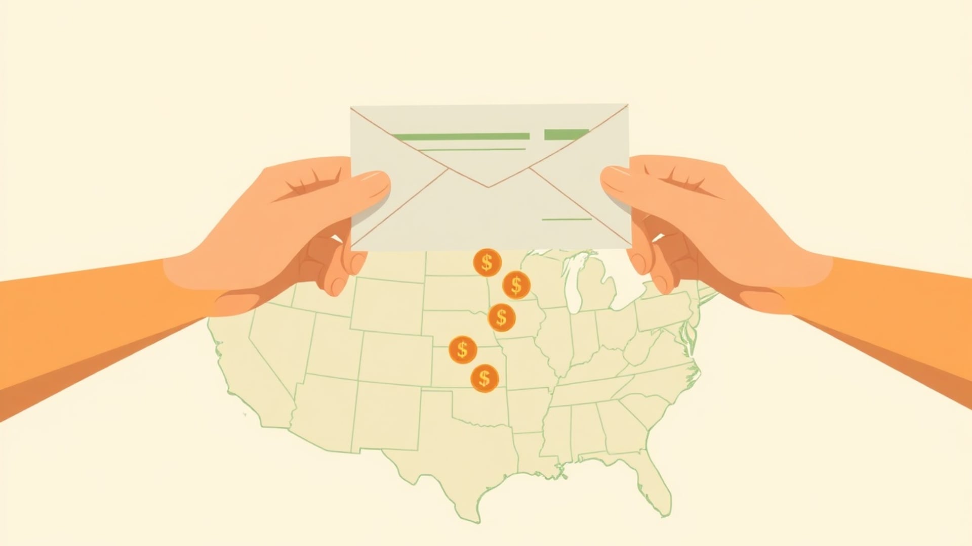 Illustration of two hands holding one shared paycheck envelope above a stylised outline map of the United States