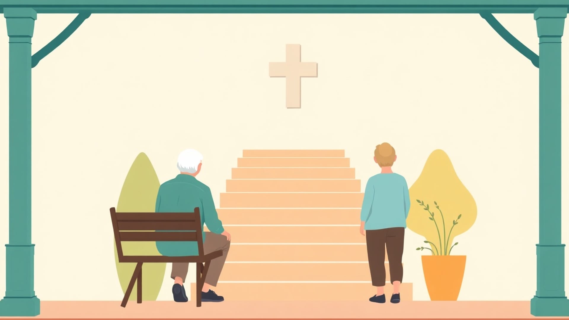 Illustration of a calm retired couple on a porch looking at a series of ascending steps leading to a stylised hospital cross