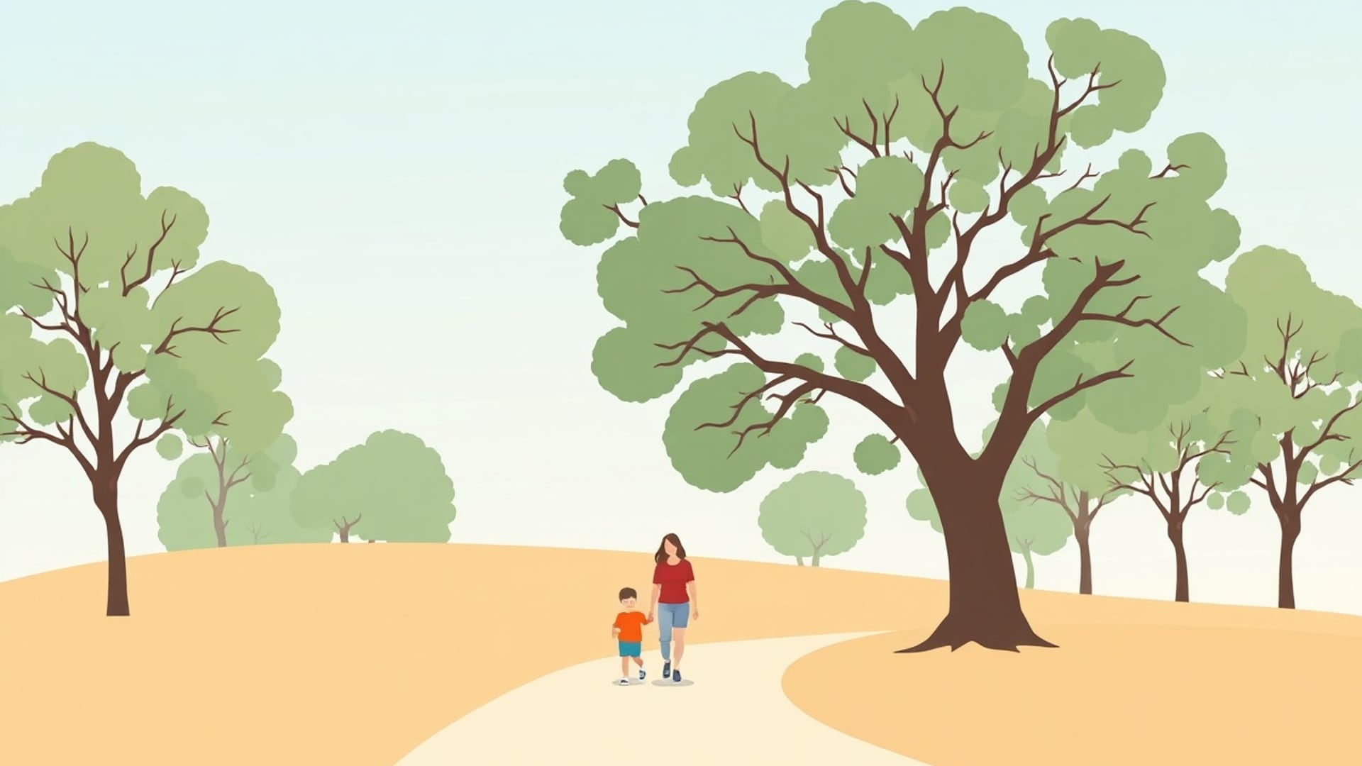 Illustration of a parent and child walking along a path through a calm park under large trees