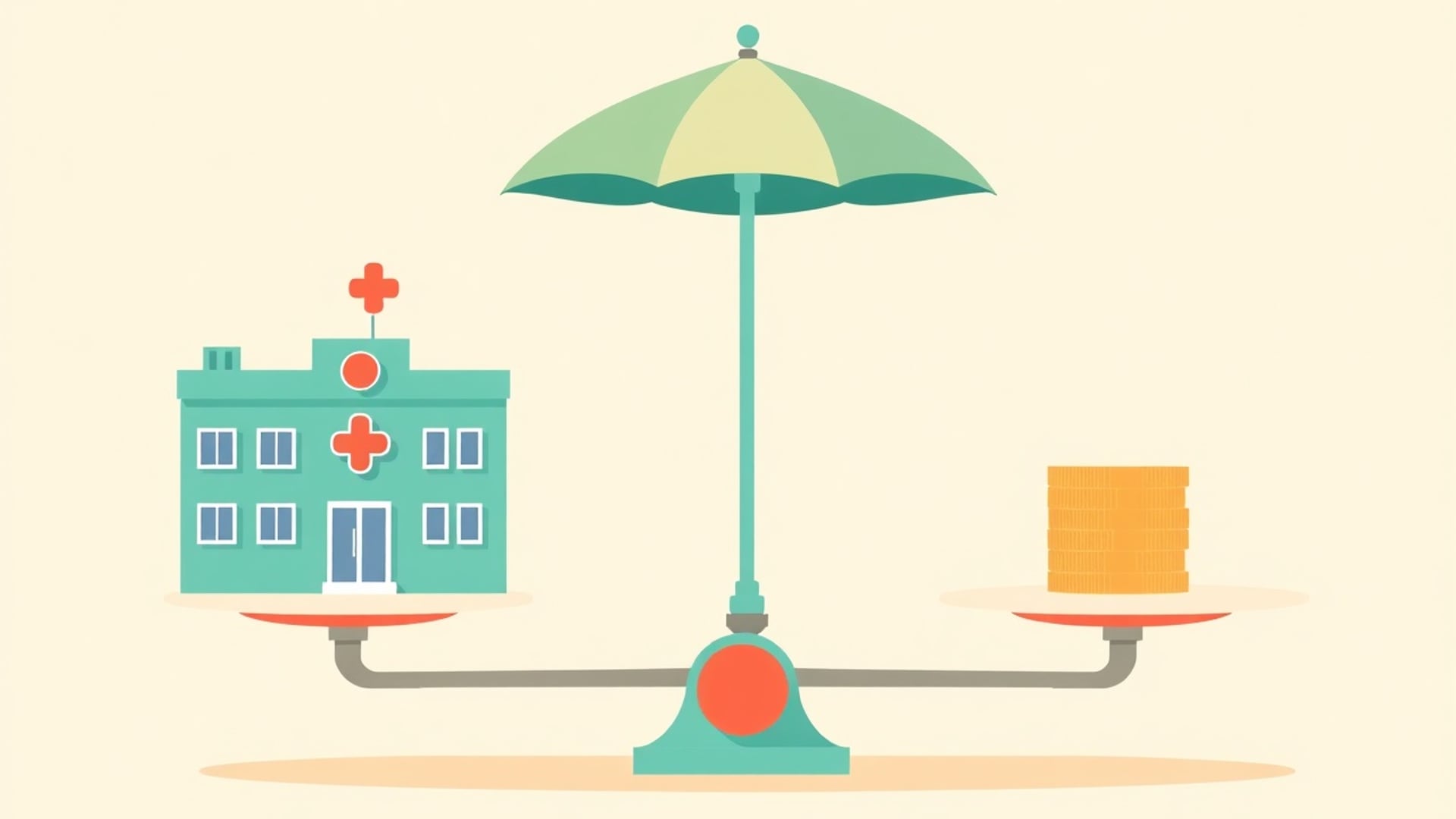 Illustration of a balance scale with a small hospital building on one side and a stack of coins on the other
