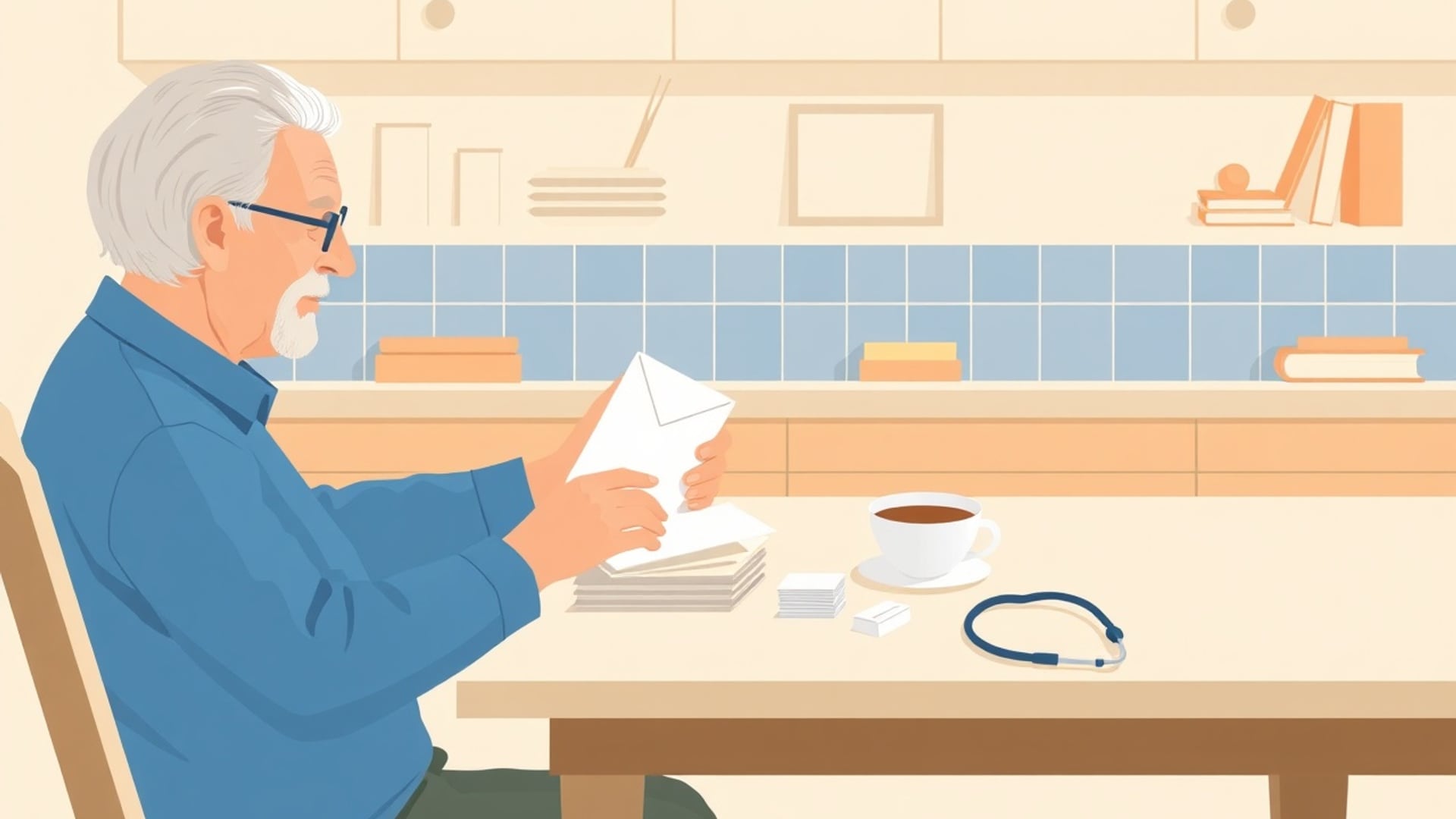 Illustration of an older person at a kitchen table sorting envelopes into neat piles beside a cup of tea