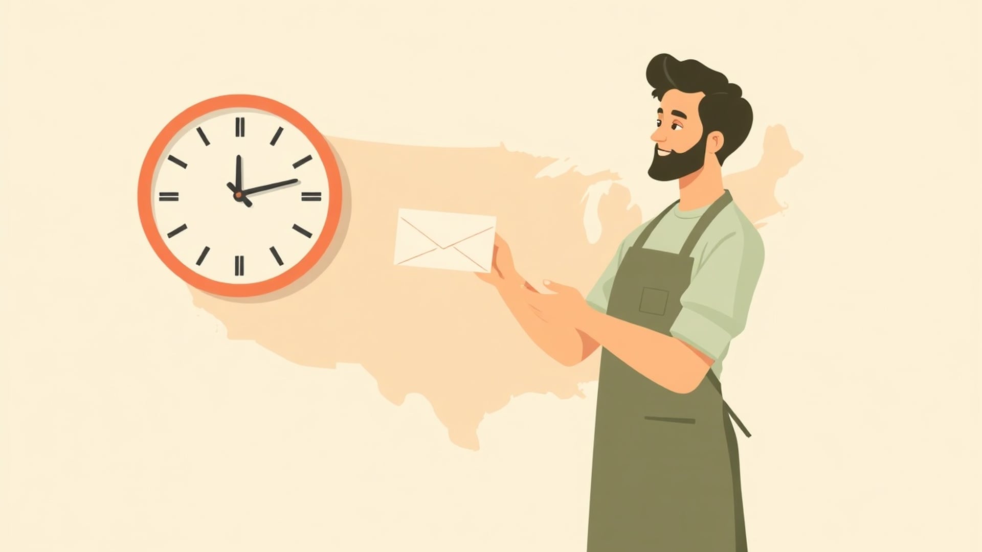 Illustration of a worker in a simple apron holding a paycheck envelope beside a wall clock