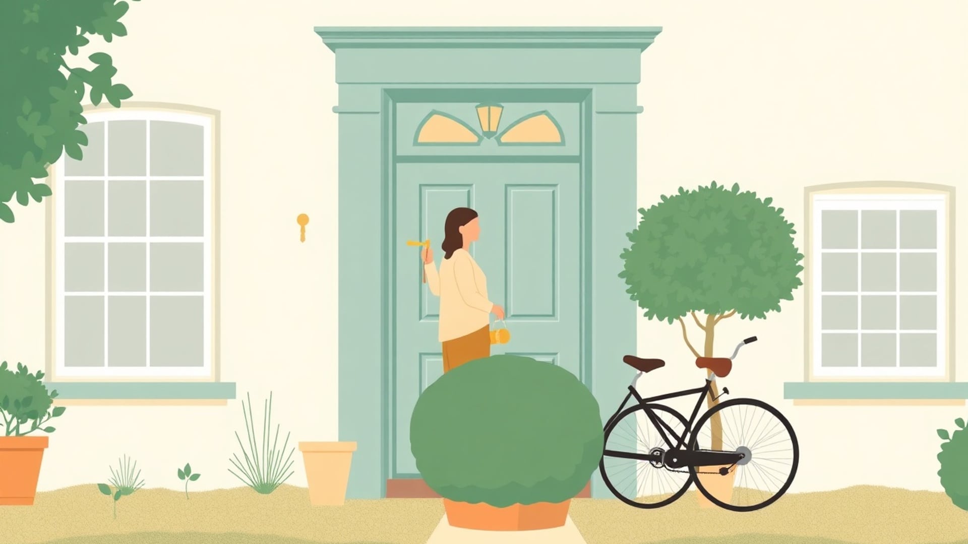 Illustration of a couple standing in the open doorway of a British terraced house holding a plain brass key