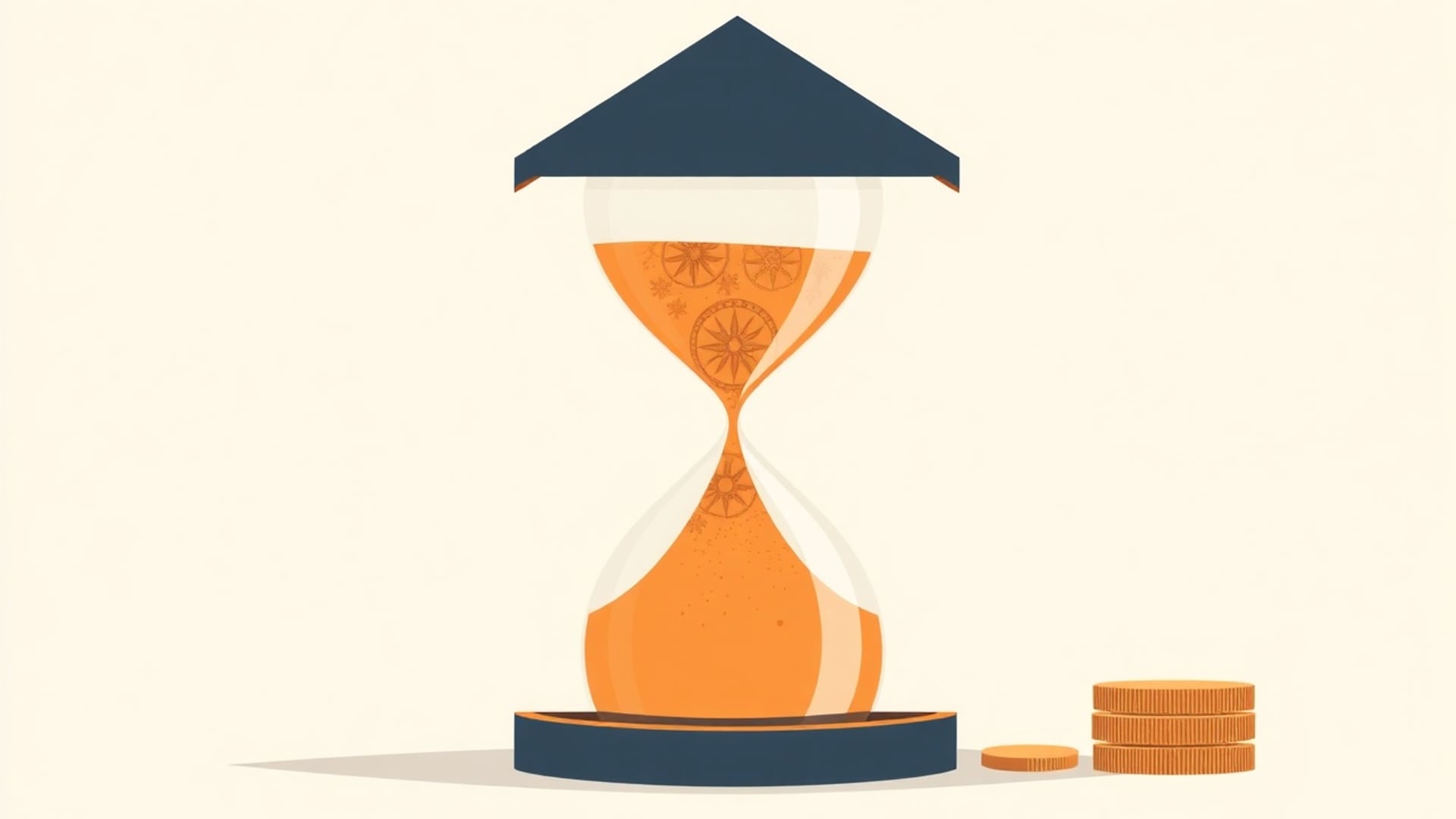 Illustration of an hourglass with a house roof on top, beside a small stack of coins
