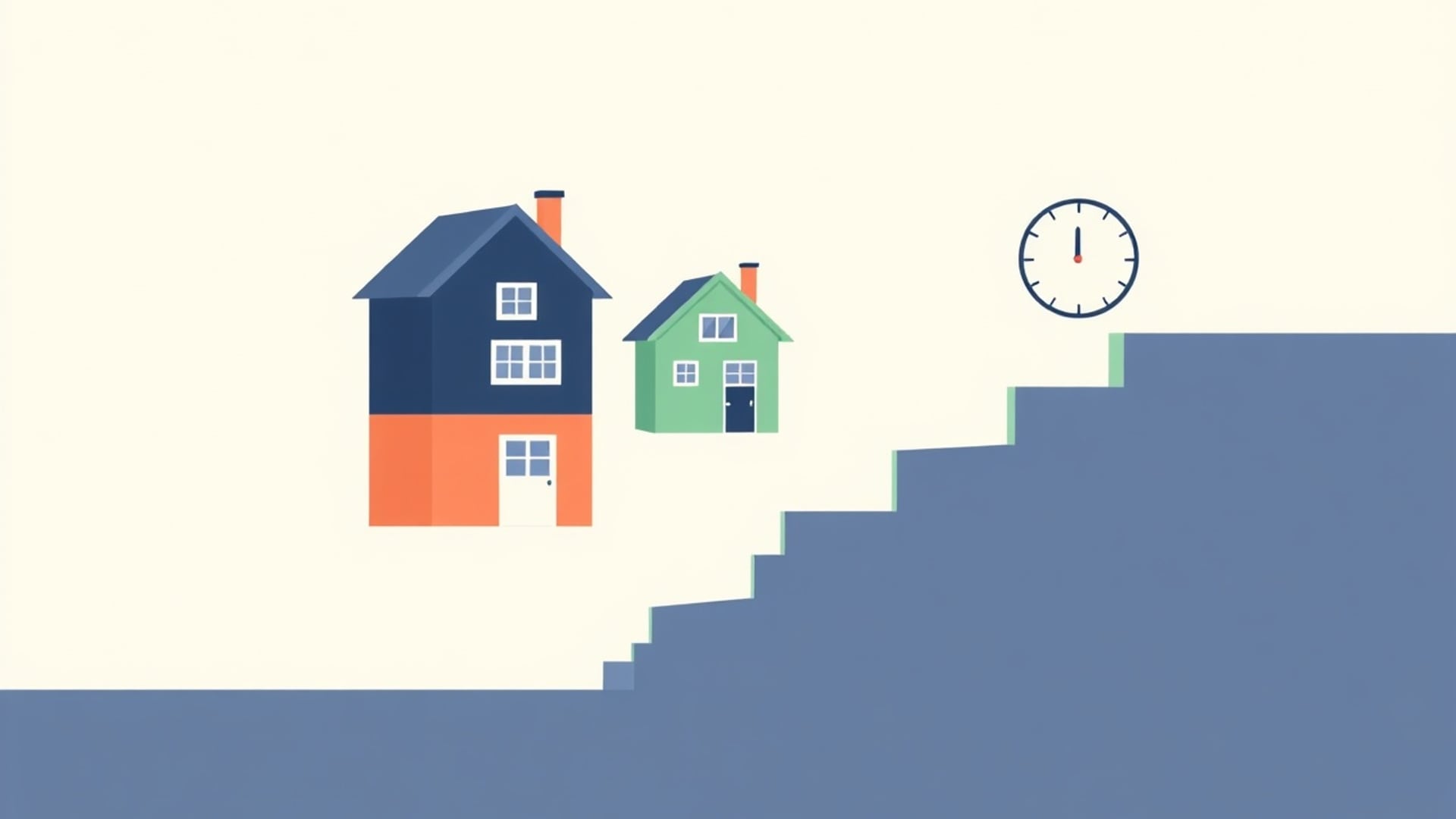 Illustration of three houses of increasing size on a gentle staircase, a small dial beside them turning slowly