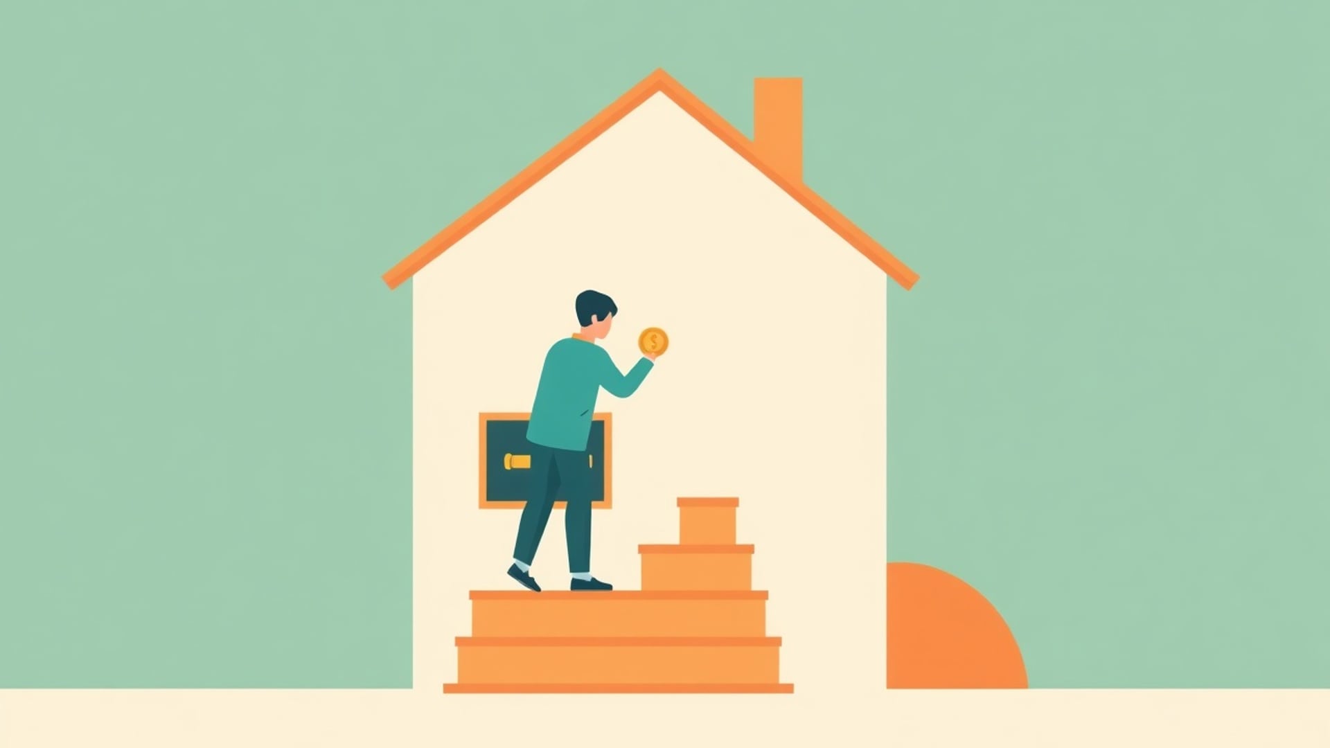 Illustration of a person placing coins into a slot at the base of a house-shaped staircase that gently lowers its steps