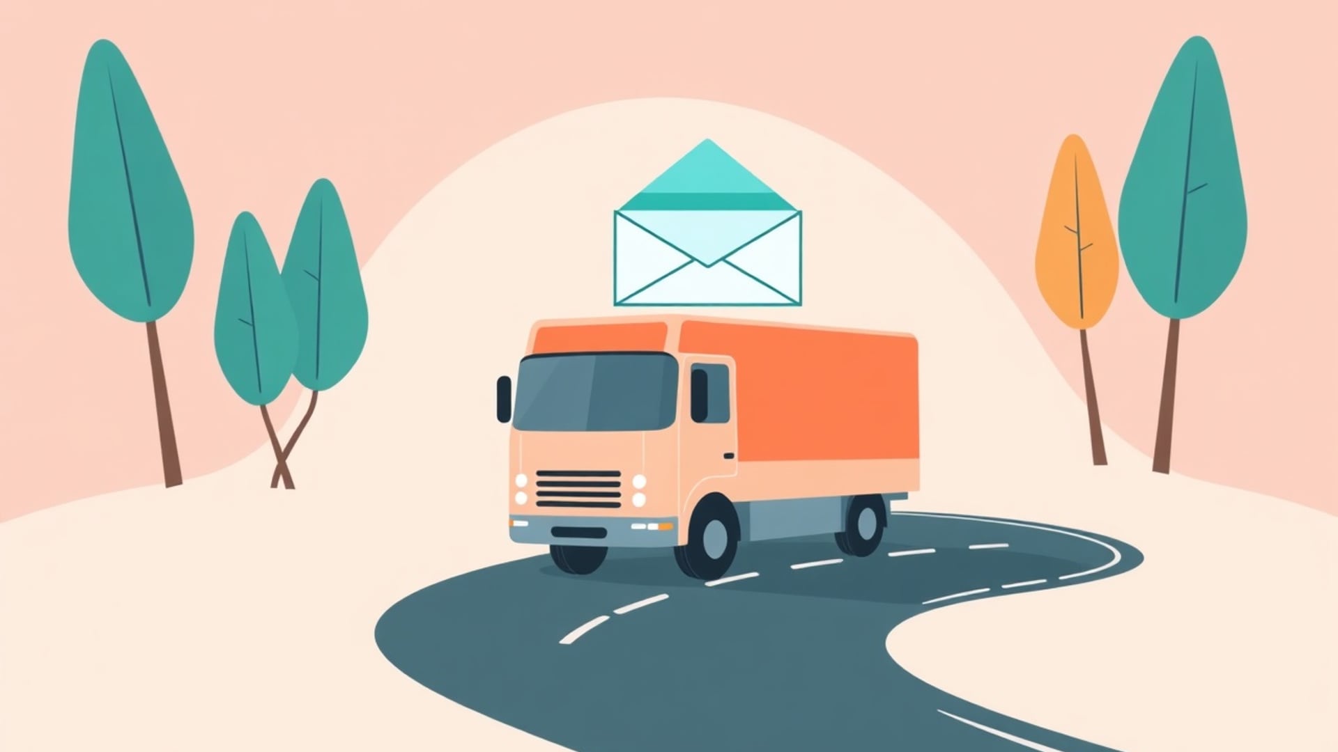 Illustration of a moving truck driving between two stylised states along a winding road