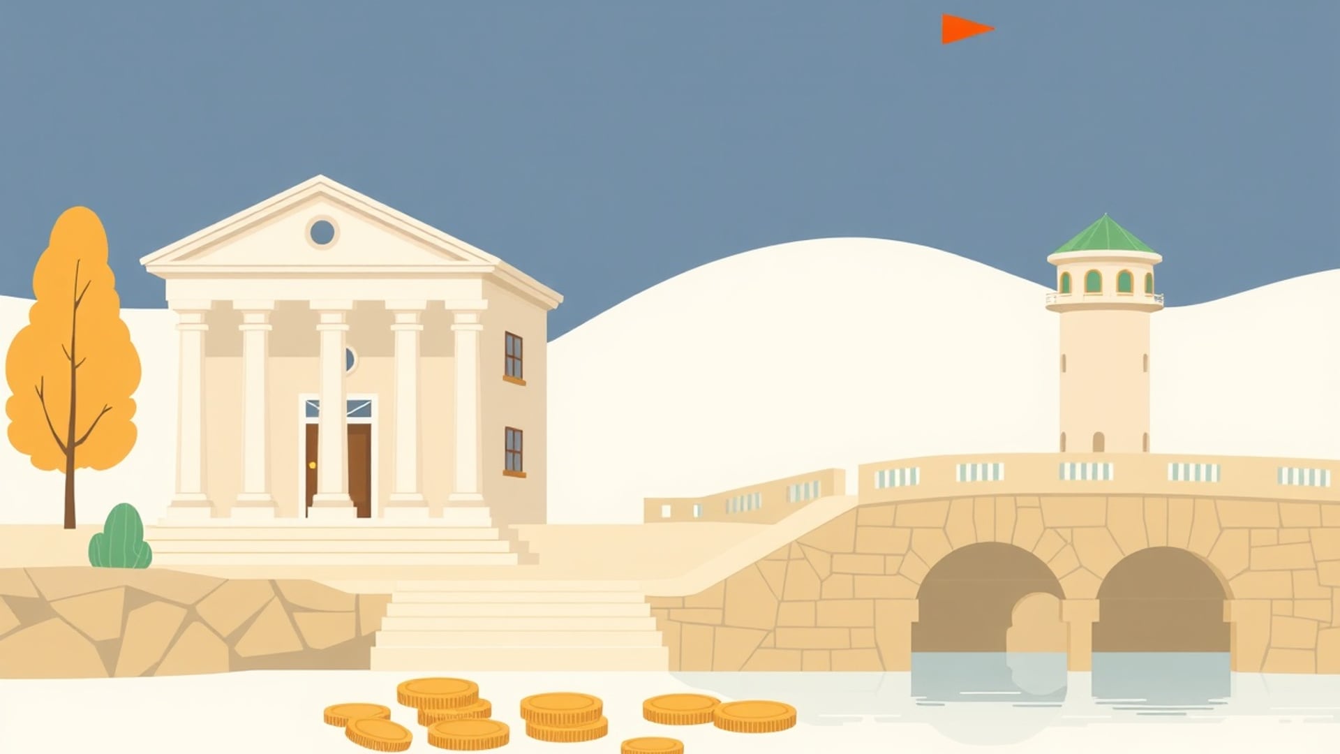 Illustration of a small columned town hall beside a stone bridge and a water tower, coins resting on the steps