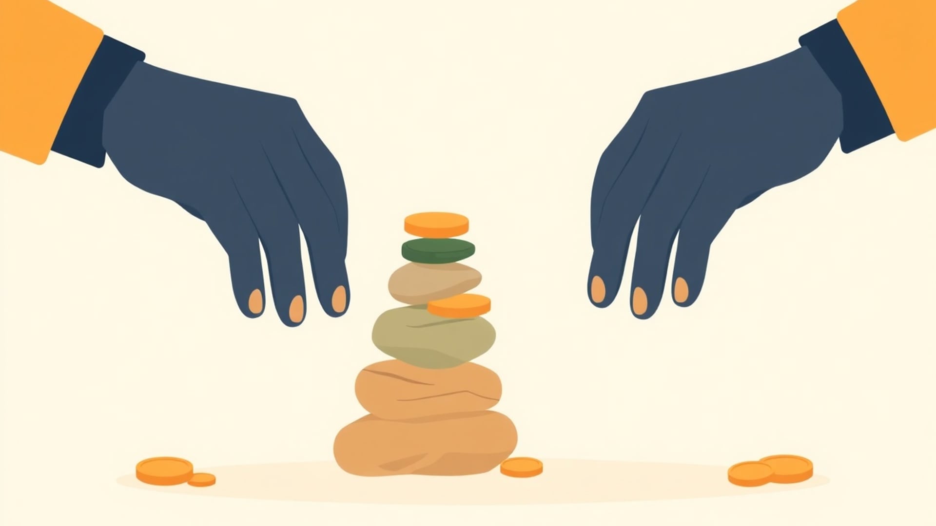 Illustration of two hands reaching toward a small stack of balanced stones