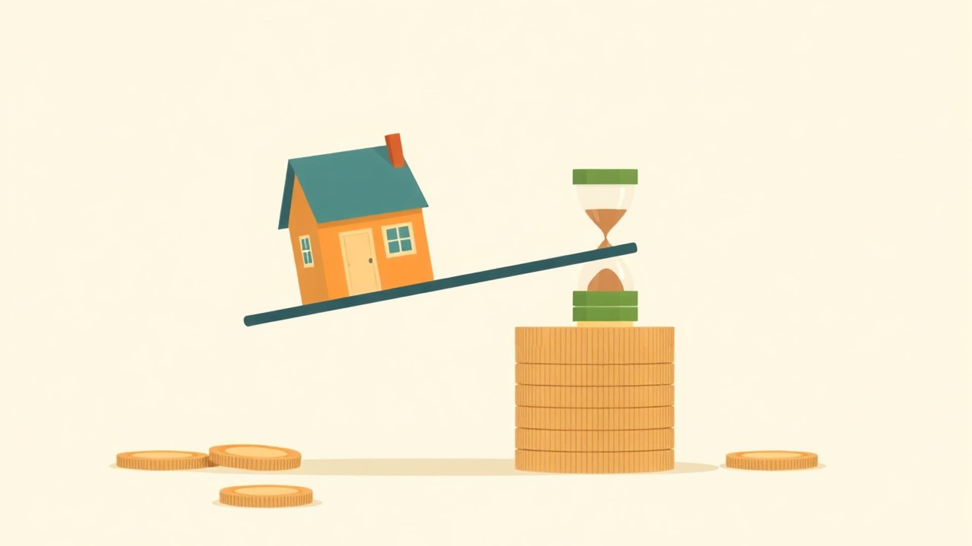 Illustration of a small rental house on a tilted seesaw against a tall stack of coins and an hourglass