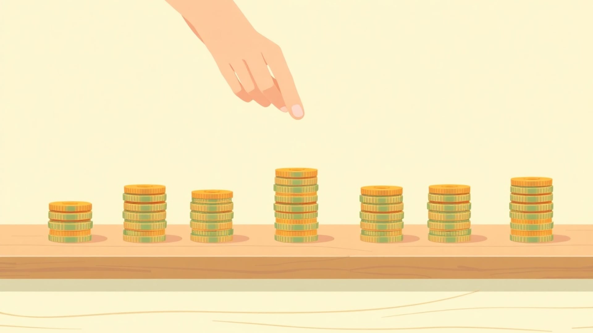 Illustration of a hand beside seven stacks of gold coins of different heights on a wooden shelf