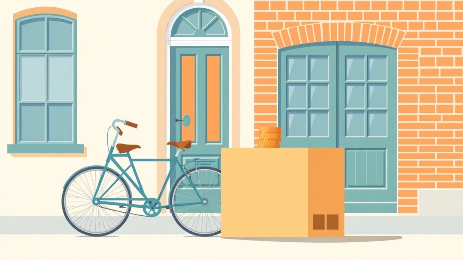 Illustration of a moving box and a bicycle beside a narrow Dutch canal house