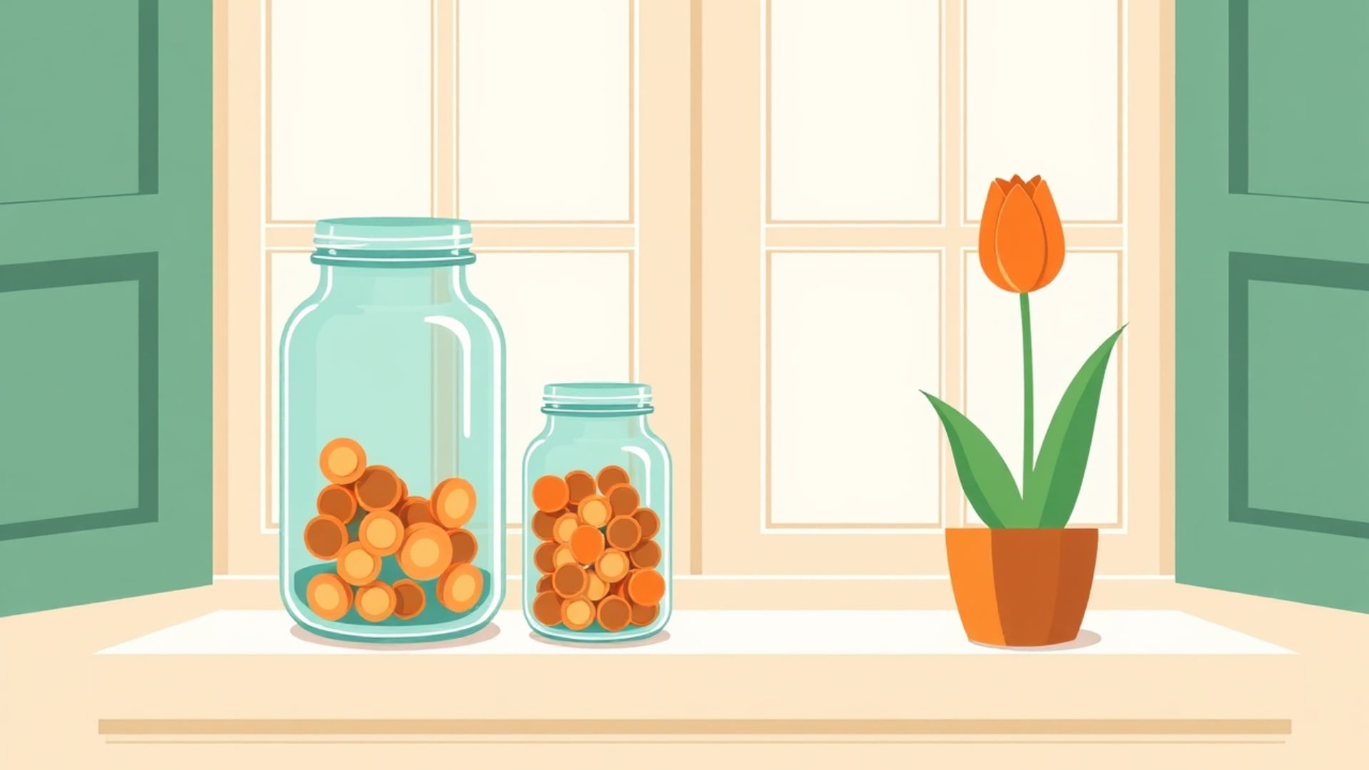 Illustration of two glass jars on a Dutch windowsill, one holding coins and one holding a small potted plant made of leaves