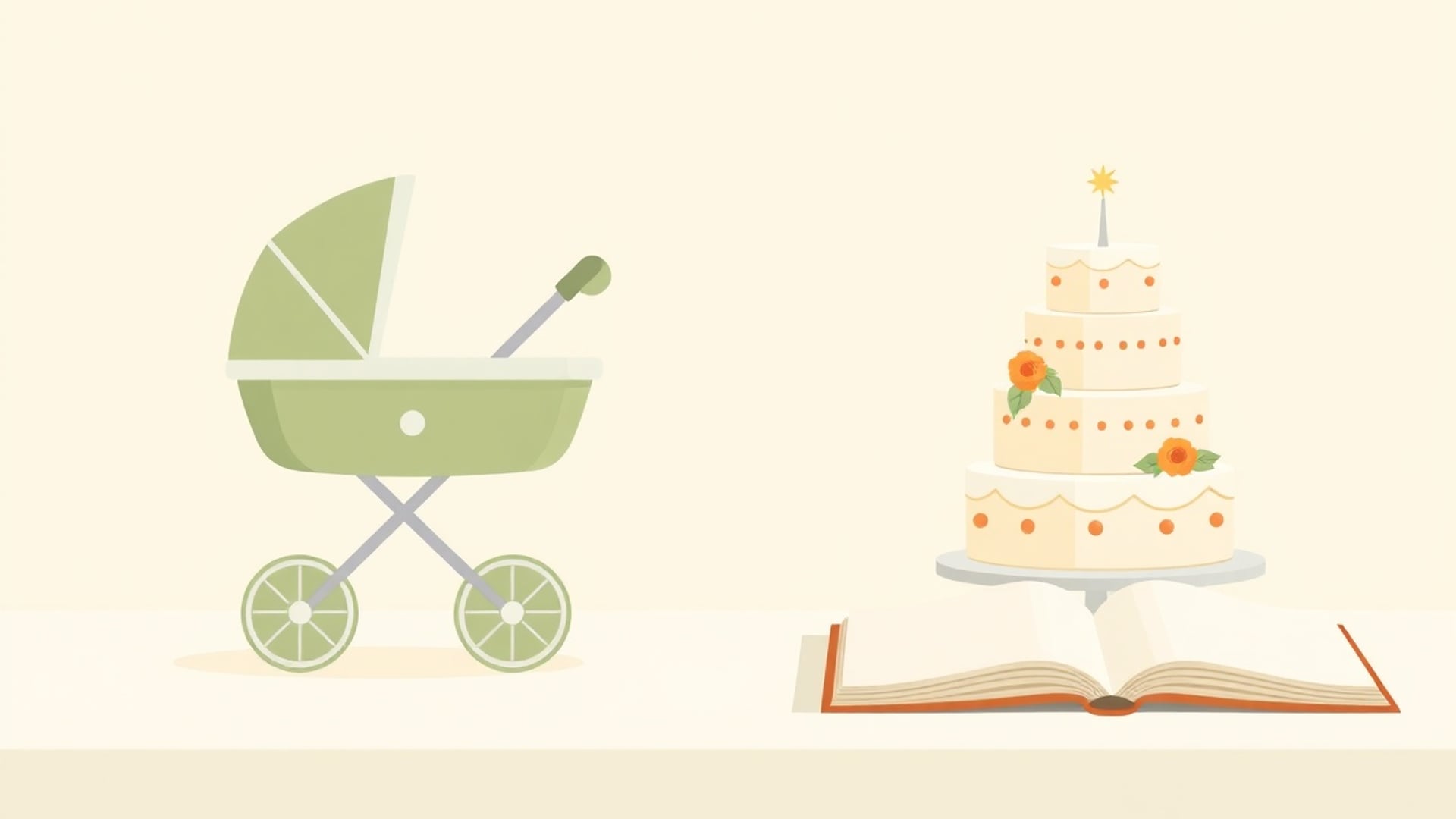 Illustration of a baby stroller and a tiered wedding cake side by side on a calm tabletop beside an open notebook