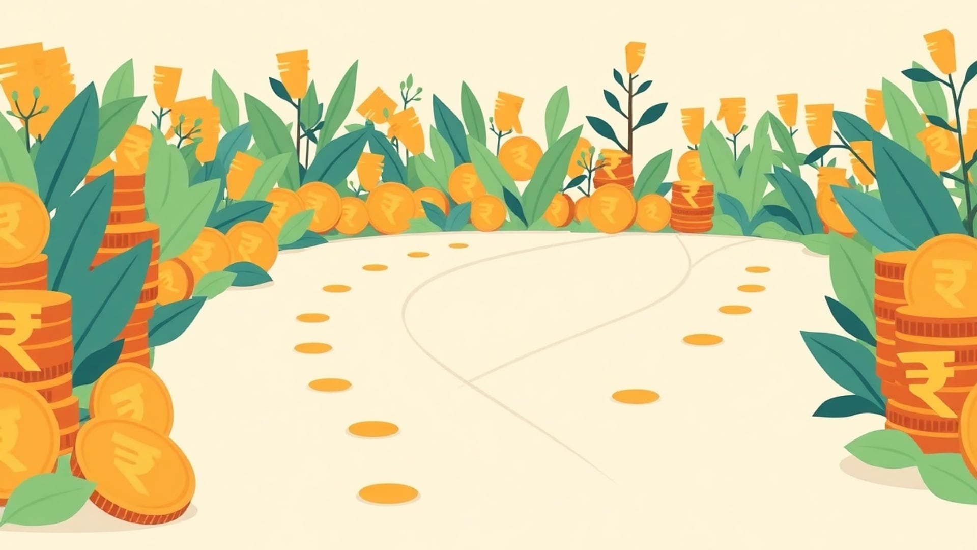 Illustration of a curving garden path lined with plants and stacks of coins