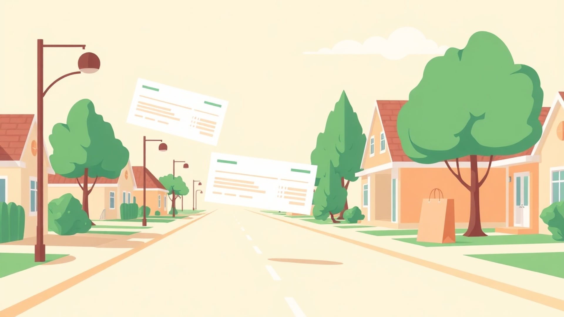 Illustration of a suburban street with paychecks floating in the air and a shopping bag on the pavement
