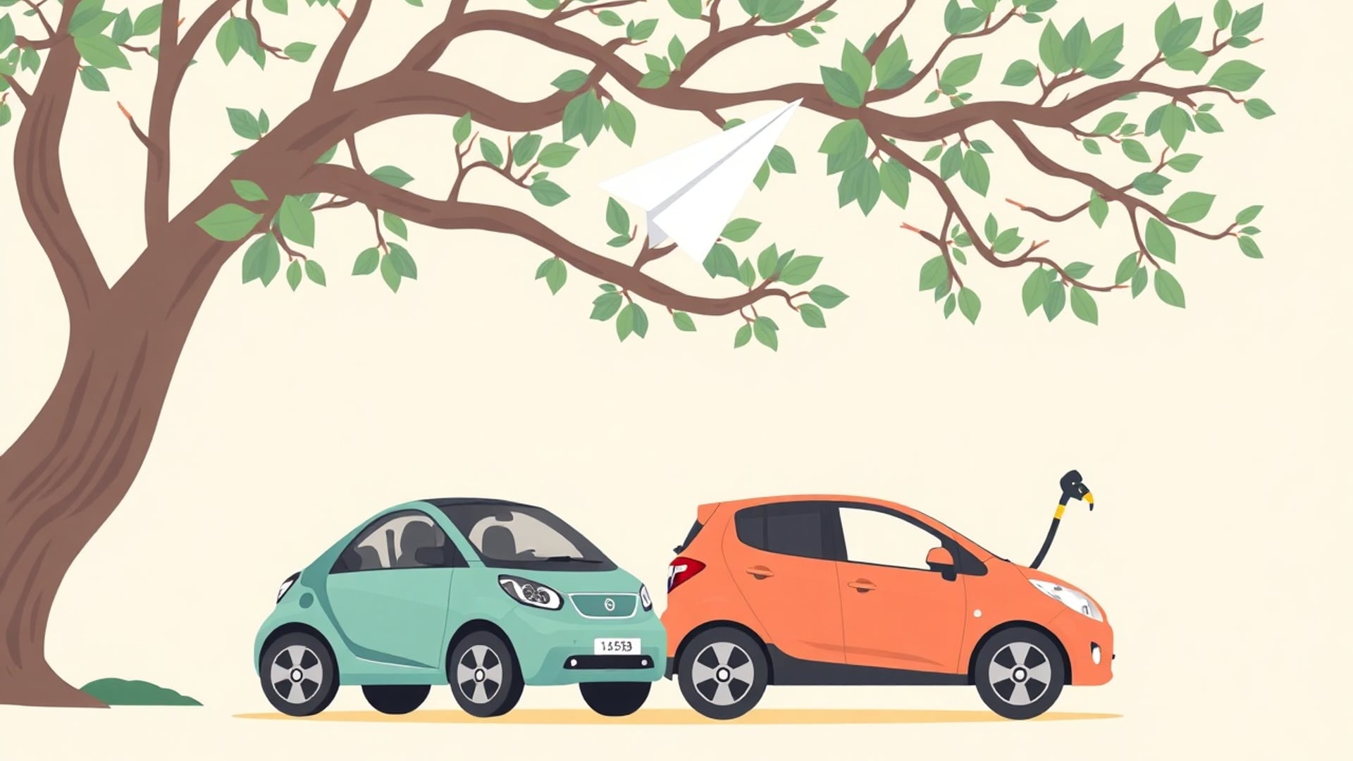 Illustration of a compact electric car and a petrol car parked side by side under a gum tree
