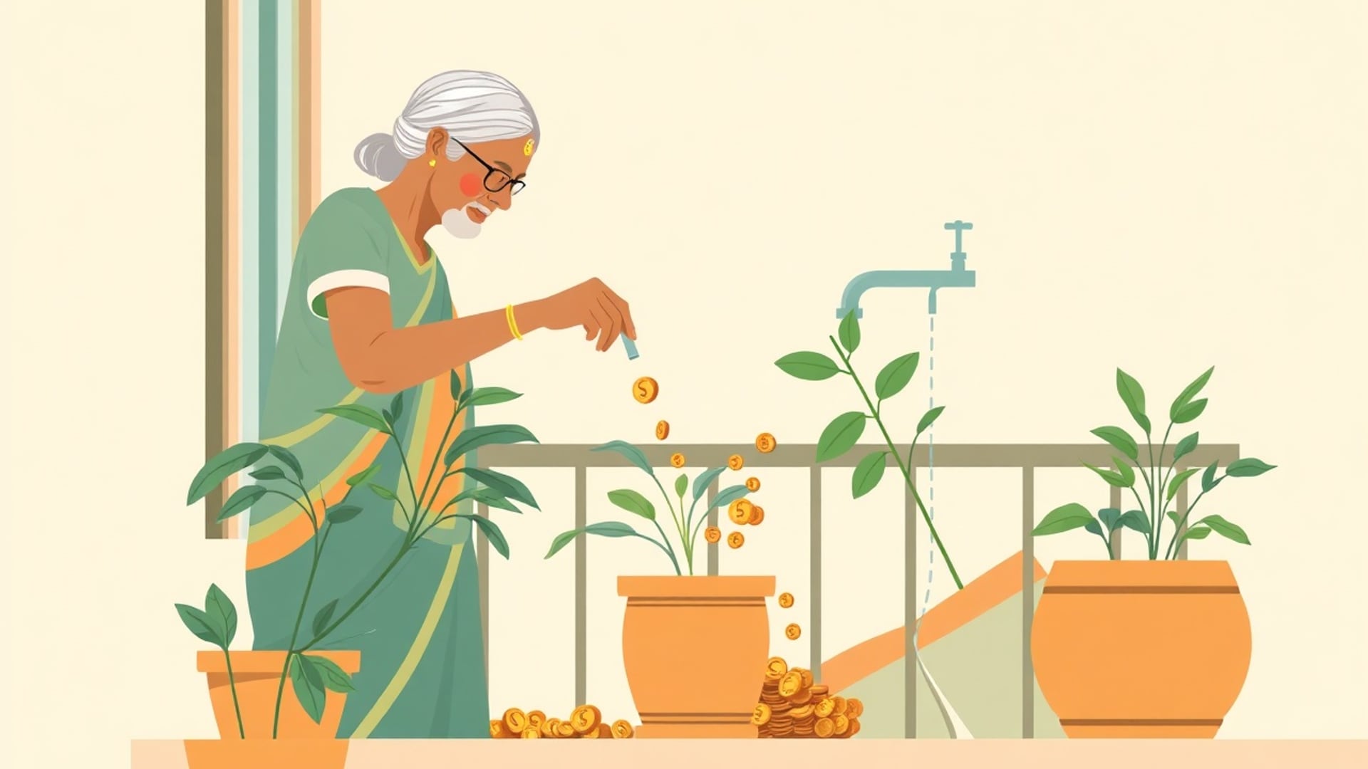 Illustration of a retired Indian woman watering a potted plant on a balcony while a steady stream of coins flows from a tap