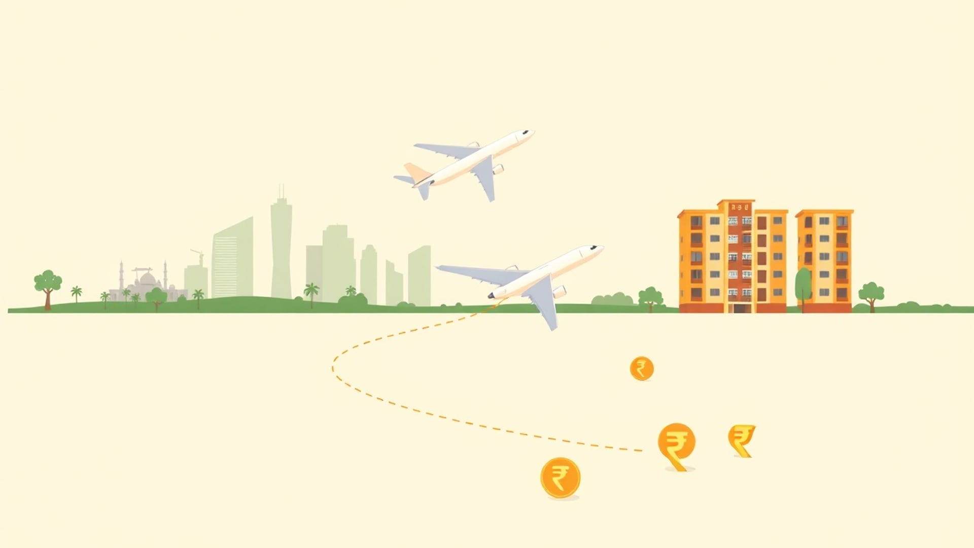 Illustration of airplanes flying between a city skyline and an Indian apartment block, with coins along the route