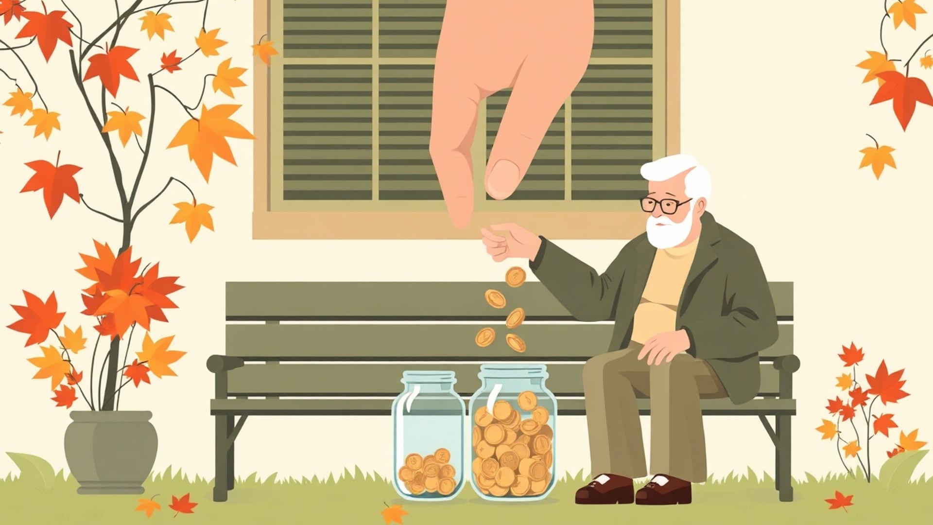 Illustration of a retired couple on a porch bench while a stylised hand gently lifts a few coins from a jar beside them