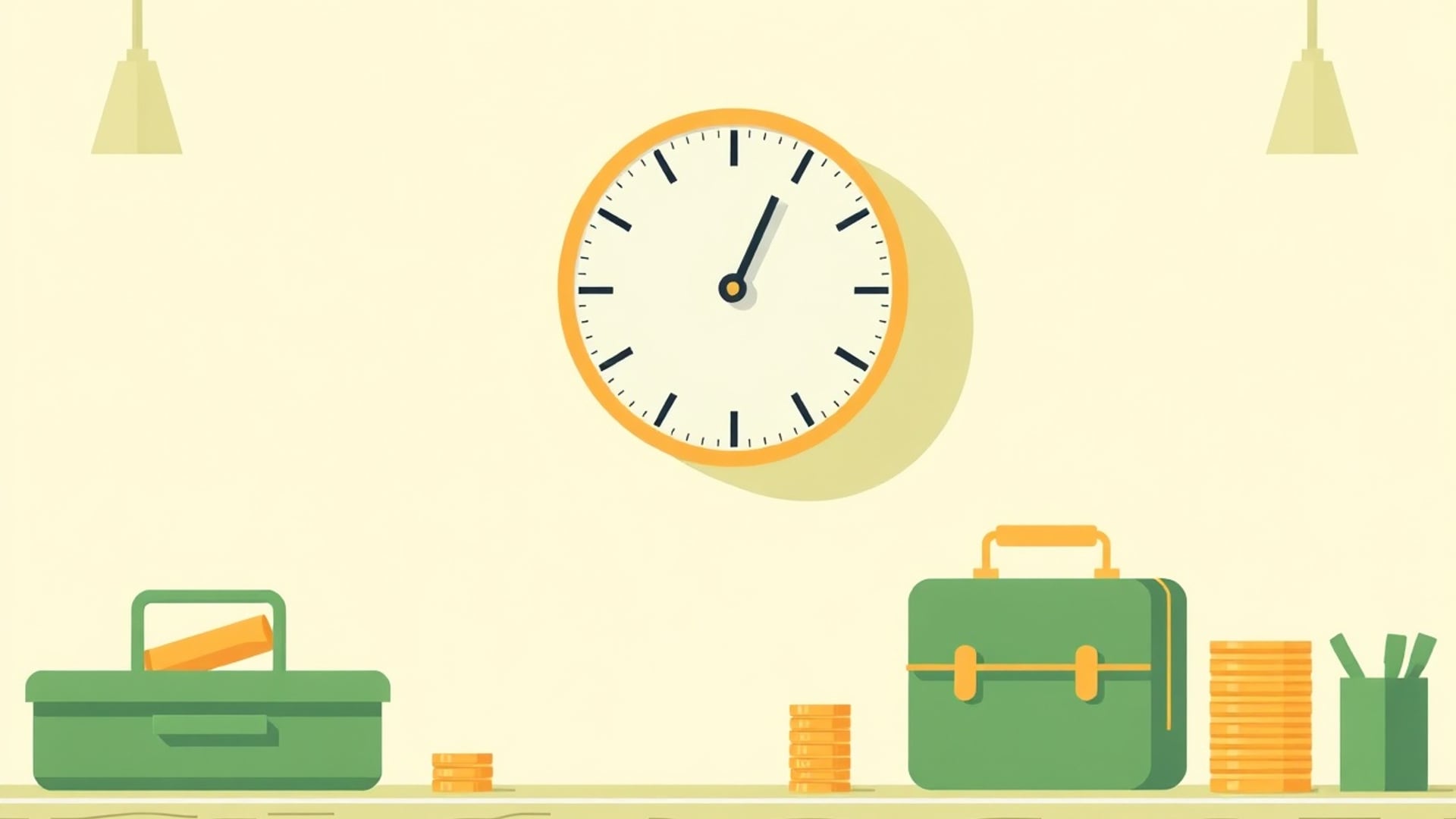 Illustration of a wall clock past evening hours above a workbench with a lunchbox and a small stack of coins