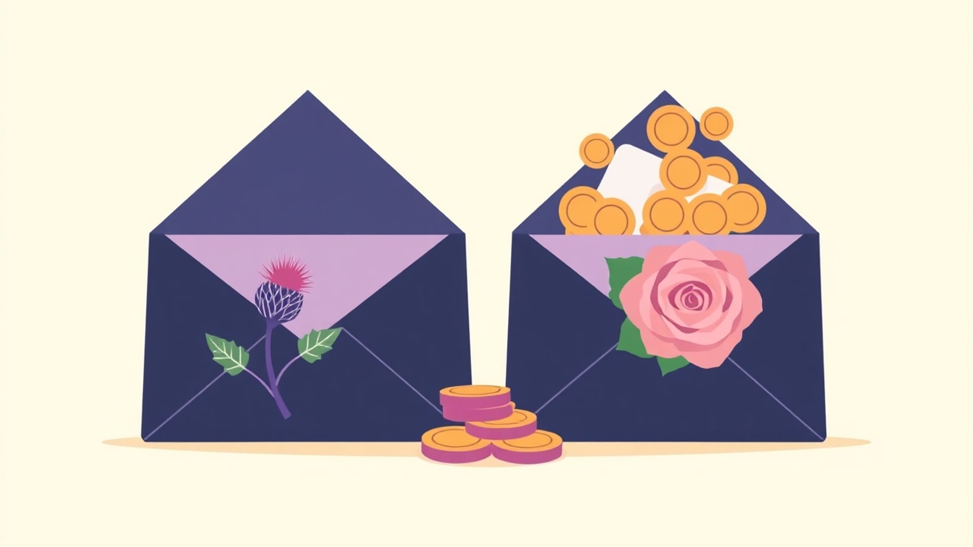 Illustration of two matching pay envelopes side by side, one with a thistle motif and one with a rose motif